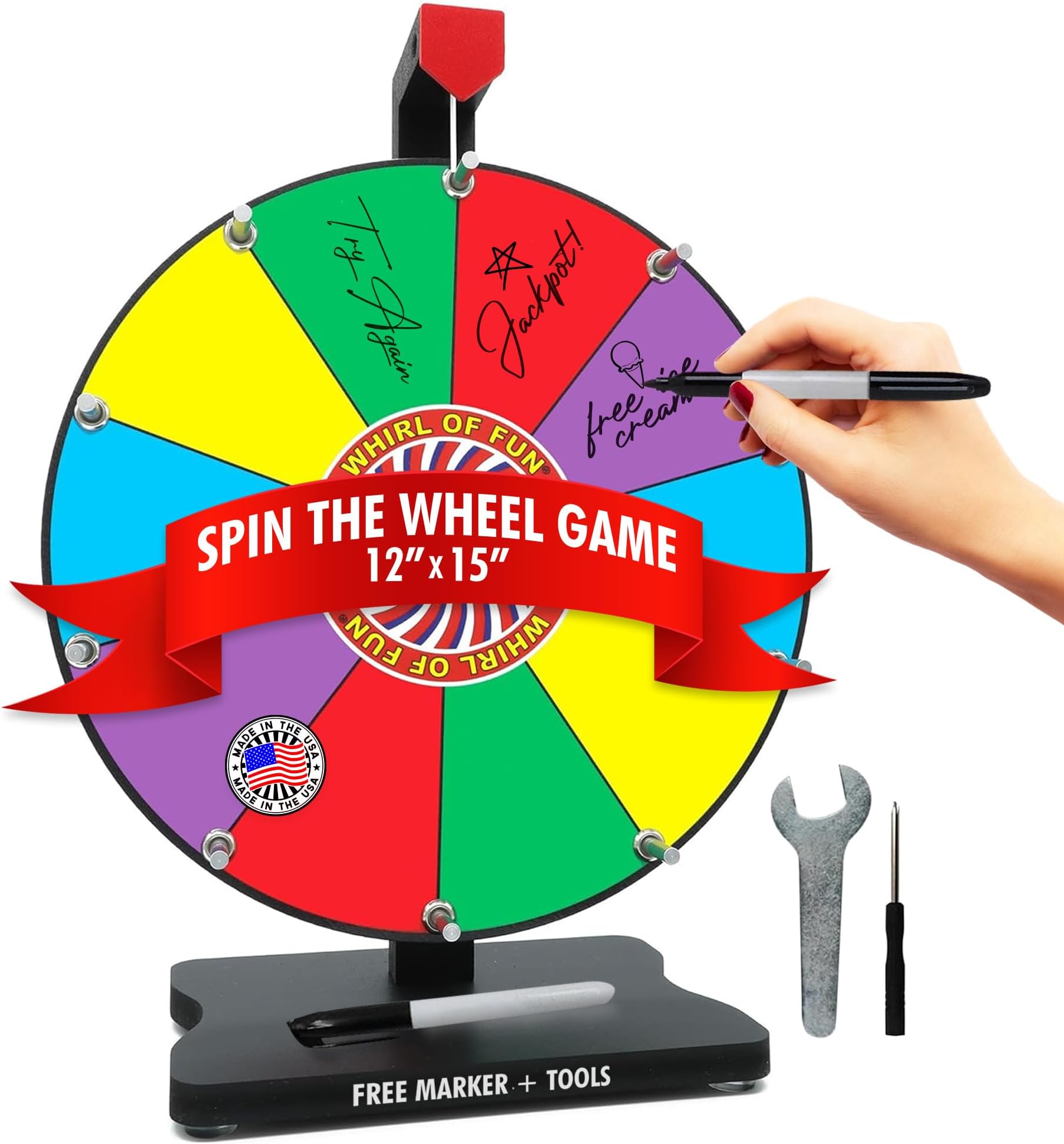 12 inch Prize Wheel - Spinning Wheel for Prizes with Stand, 10 Color Slots, Heavy Duty, Dry Erase Surface, Portable, Carnival Games, Tools Marker Included, Made in USA