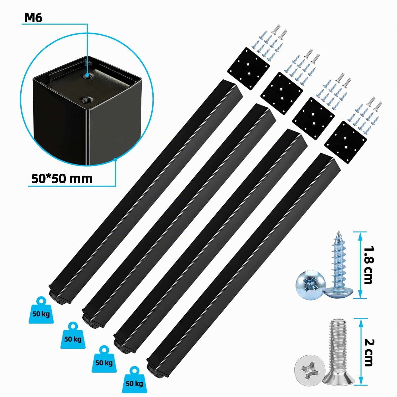 Jahof Patas para Mesa Regulables 70cm, Pies para Muebles Ajustables, Calibre 50x50mm, Juego de Piernas de Acero con Tornillos para Escritorio, Encimera (4 Piezas, Negro)
