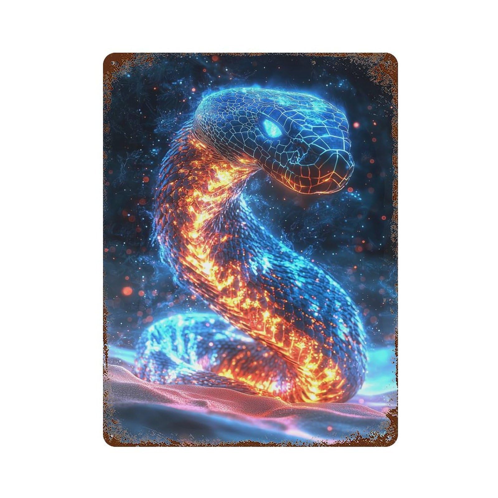 Weathered Tin Sign Neon Snake - Futuristic Glowing Digital Animal Art 15.7"x11.8", Rustic Home Decor for Bistro, Counter And Cafe Decor