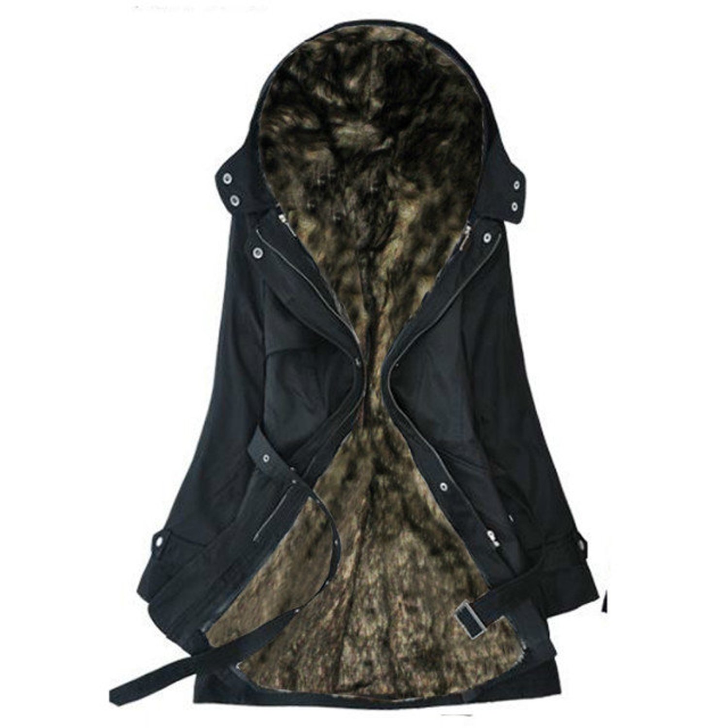 Gaorui Women Warm Long Coat Hoody Overcoat Faux Fur Hooded Winter Thicken Quilted Parka Black