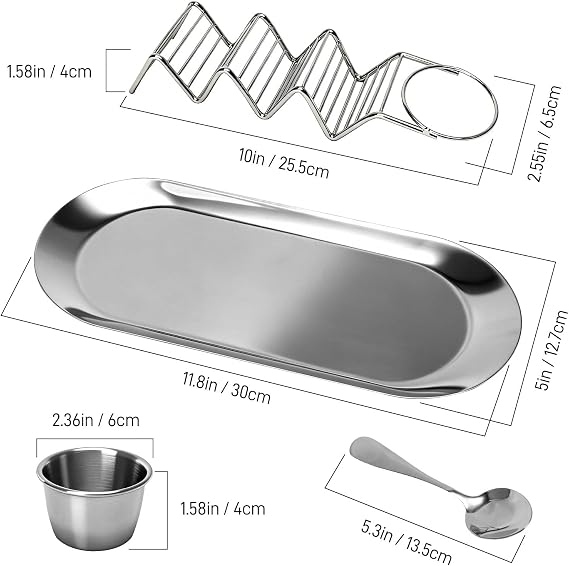 Taco Holder Set of 2, Stainless Steel Taco Stand with Tray & Sauce Cup