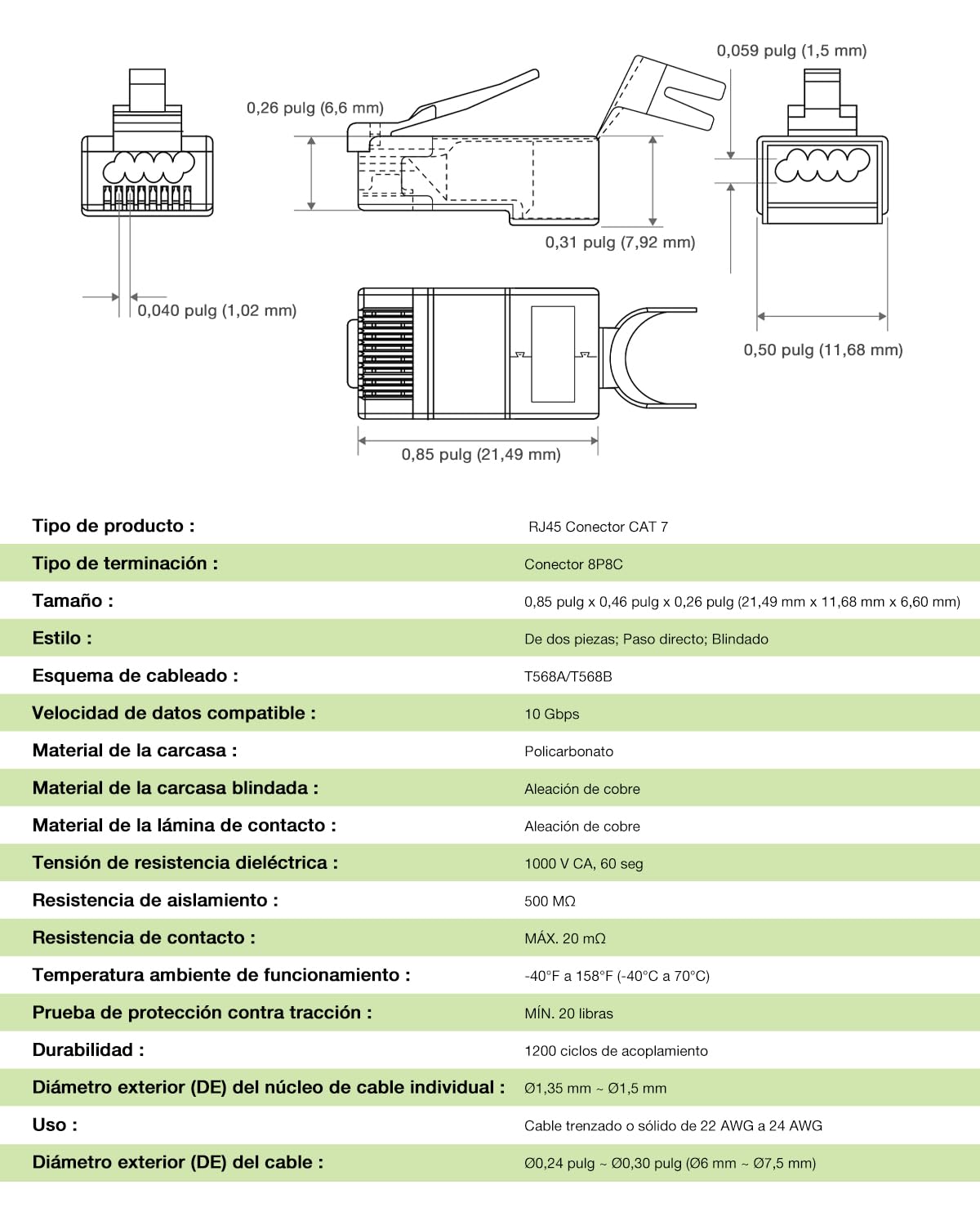 30 Unidades RJ45 Conector CAT 7 Pass Through, 10Gbps/600MHz, Dorado Conectores RJ45 CAT7 CAT6A, Conector LAN POE Para Cable de Instalación, Blindado Con Ayuda de Enhebrado y Protección