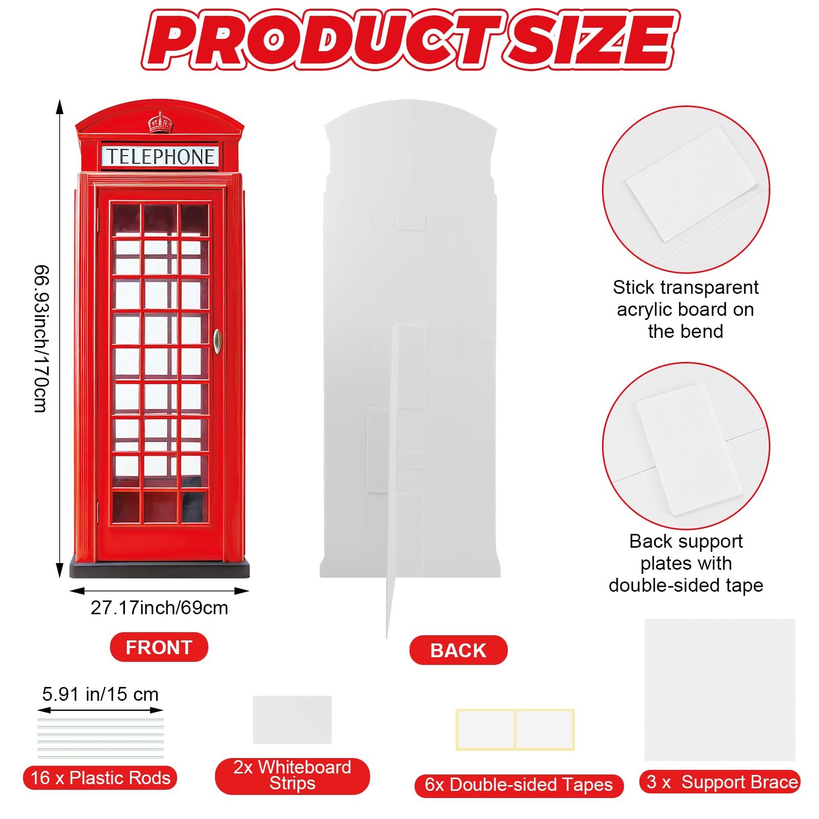 Sagoma in cartone per cabina telefonica inglese inglese, 1,8 m, colore rosso, sagoma a grandezza naturale per cabina telefonica rossa classica a tema britannico, festa di compleanno, laurea