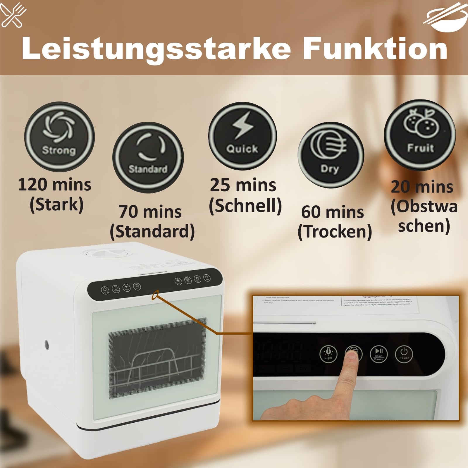 Spülmaschine, Mini Geschirrspüler Tischgeschirrspüler 72℃ mit 4 Waschmodi und 6L Wassertank, 25 mins (Schnell)/ 70 mins (Standard)/120 mins (Stark)/60 mins (Trocken), Dishwasher Touch Control