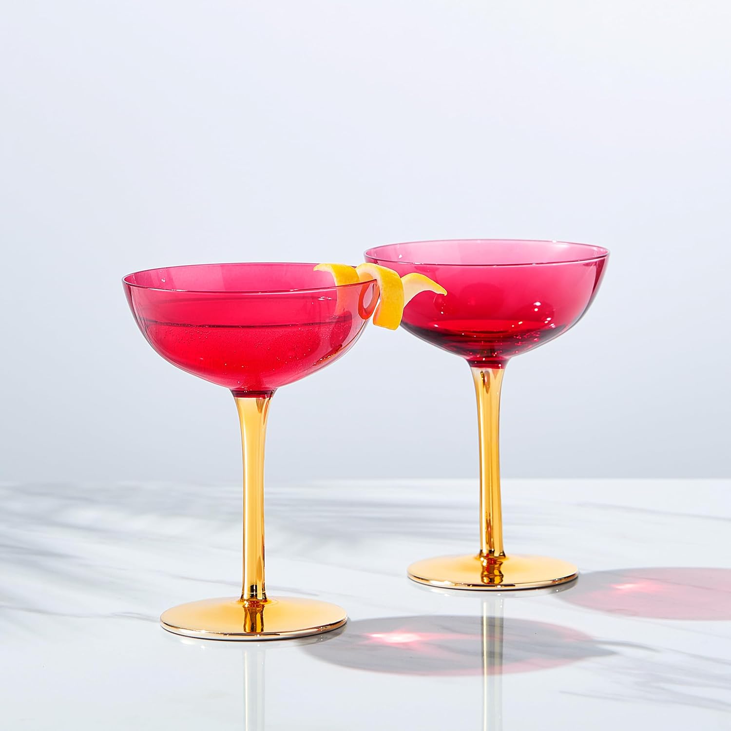 Khen Vintage Art Deco Coupe Glasses, Red & Gold | Set of 2 | Festive, Celebration, Wedding & Holiday 7.1 oz Cocktail Glassware for Champagne, Martini, Crystal Speakeasy Style with Stems - Gift Sets