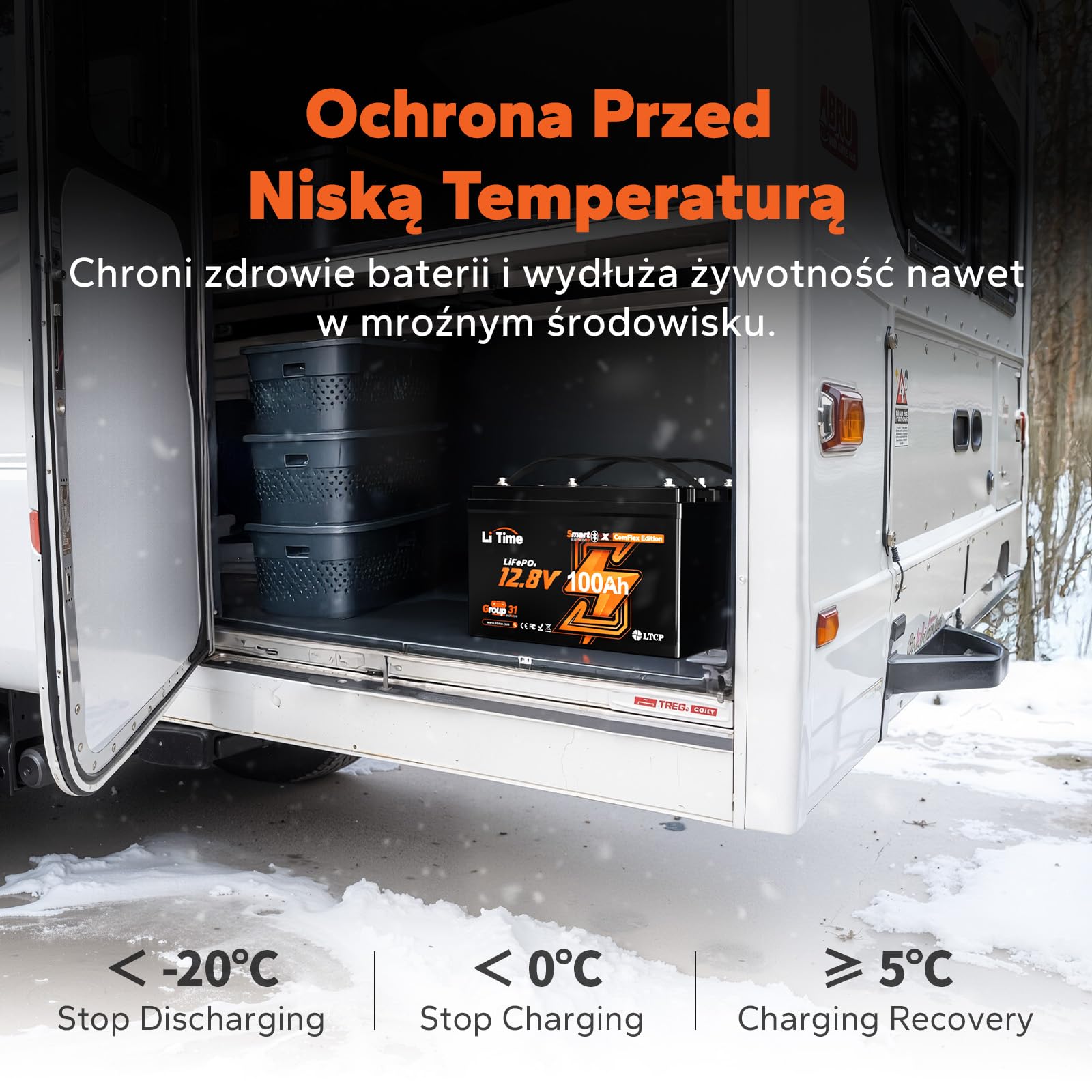 LiTime LiFePO4 12V 100Ah Lithium Bateria Bluetooth Z Systemem Victron, Komunikacja CAN/RS485, 100A BMS, Akumulator 12V 4000-15000 Cykli, Do Kempingów, łodzi, Off-Grid