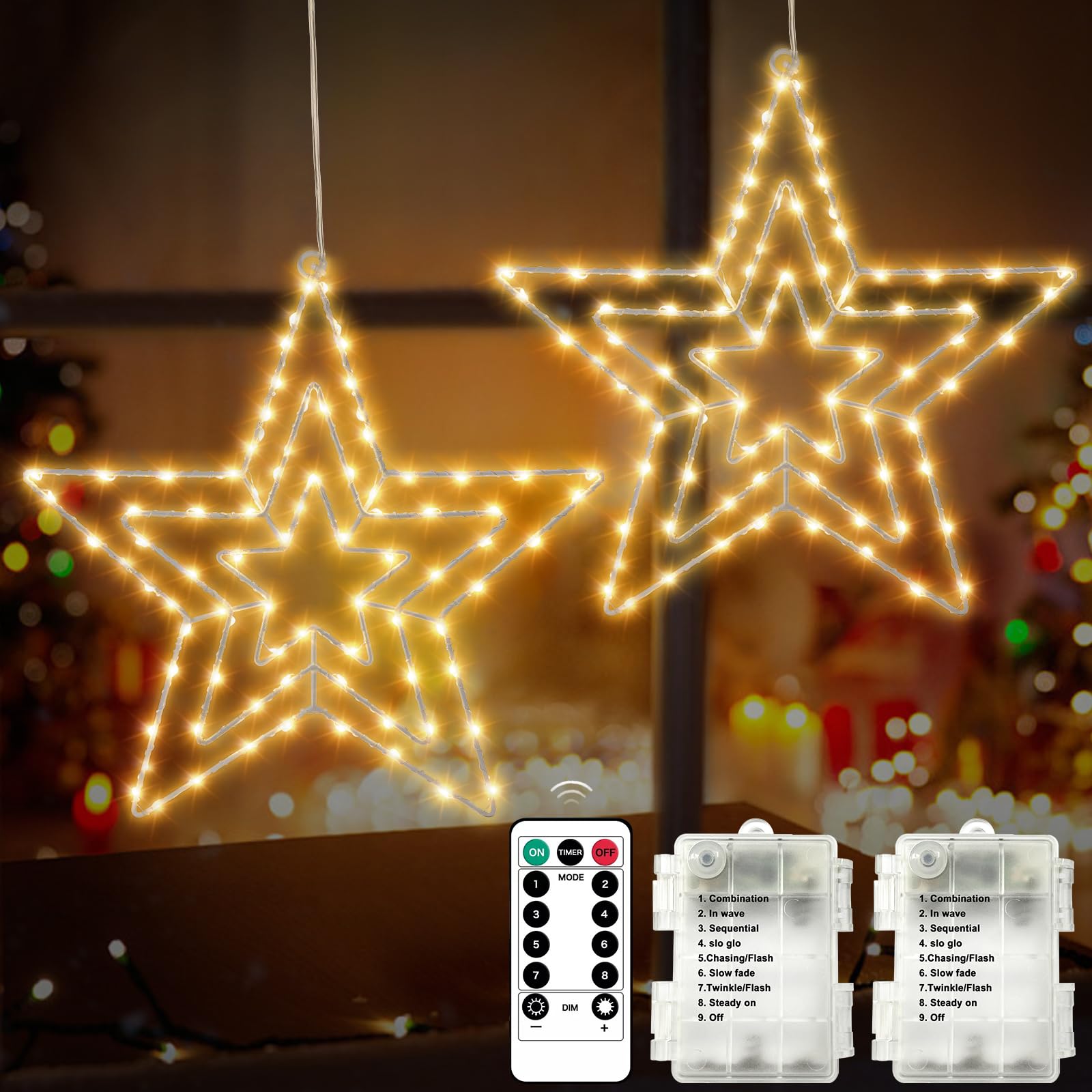 AGOTD weihnachtsstern beleuchtet mit 2 Pack 75 LED Warmweiß LED Stern Fenster Lichter, Weihnachtsdeko Lichterkette mit Timer für Fenster Innen Zimmer Balkon Geburtstag Party
