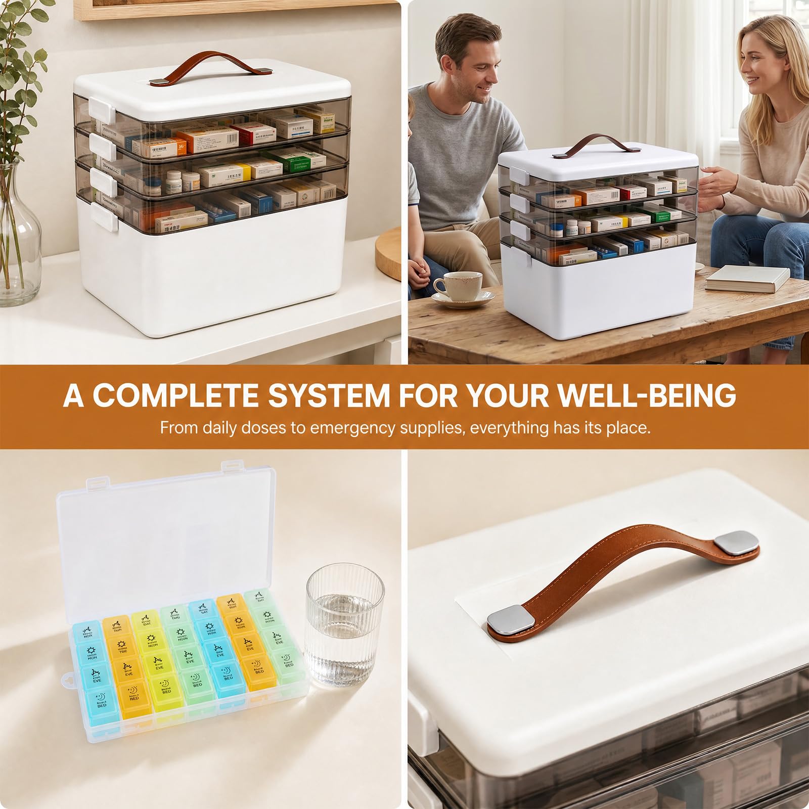 Contenitore per medicinali a 4 piani, grande, 34 x 31 x 22 cm, con maniglia per il trasporto, organizer per medicinali con vassoio rimovibile, scatola vuota in plastica di primo soccorso per casa