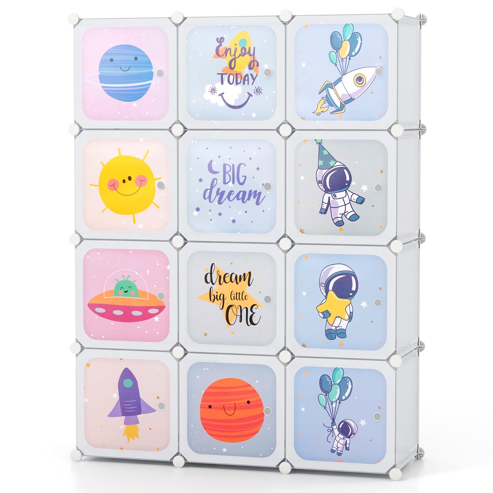 DREAMADE Meuble de Rangement Enfant 12 Cubes,Armoire Modulable Enfants avec Portes&Tringle à Vêtements,Étagères Motif Mignon pour Chambre d'enfants,107x36x142CM (Blanc-Espace)