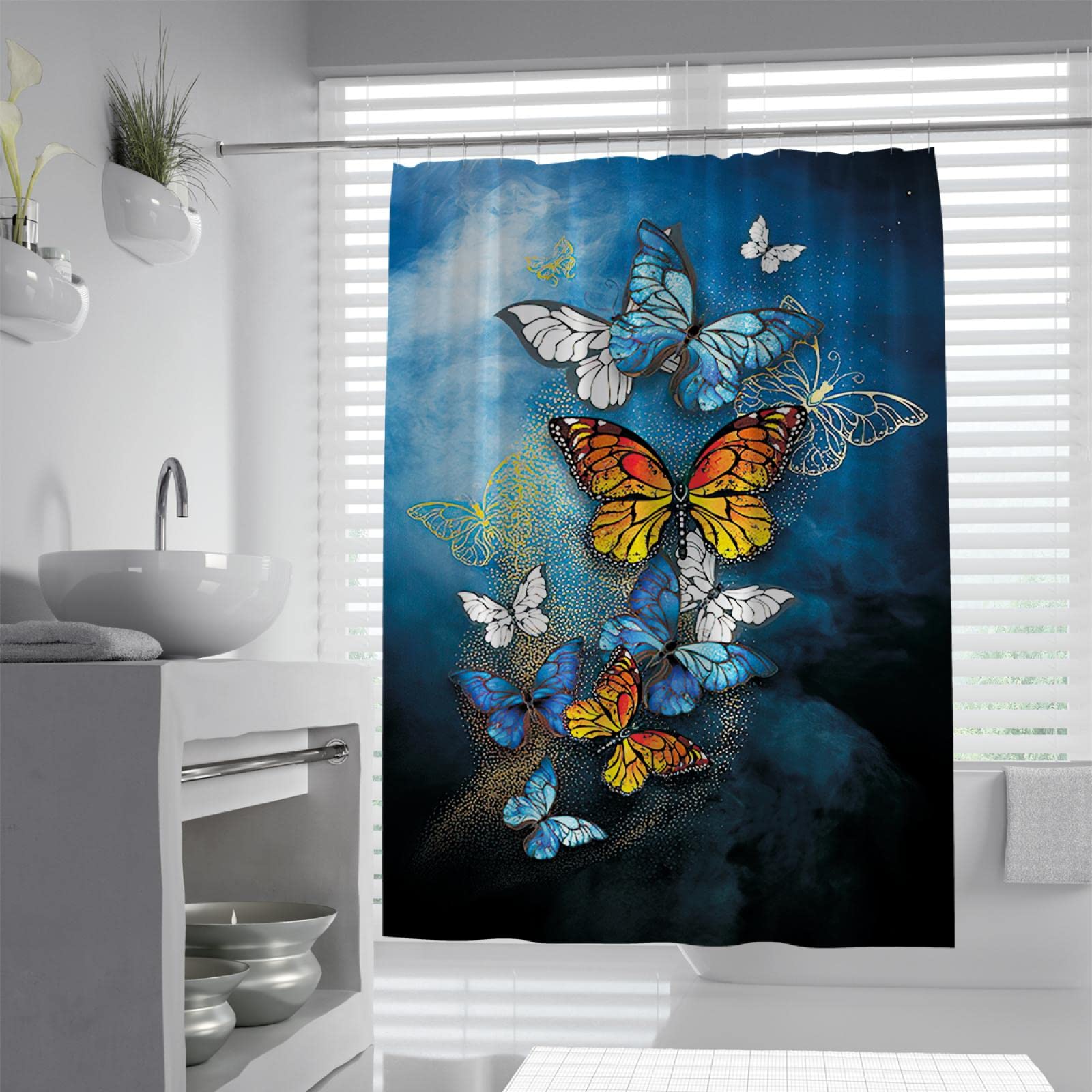Rideau de douche bleu papillon 150x180 cm avec 12 crochets Via Vela