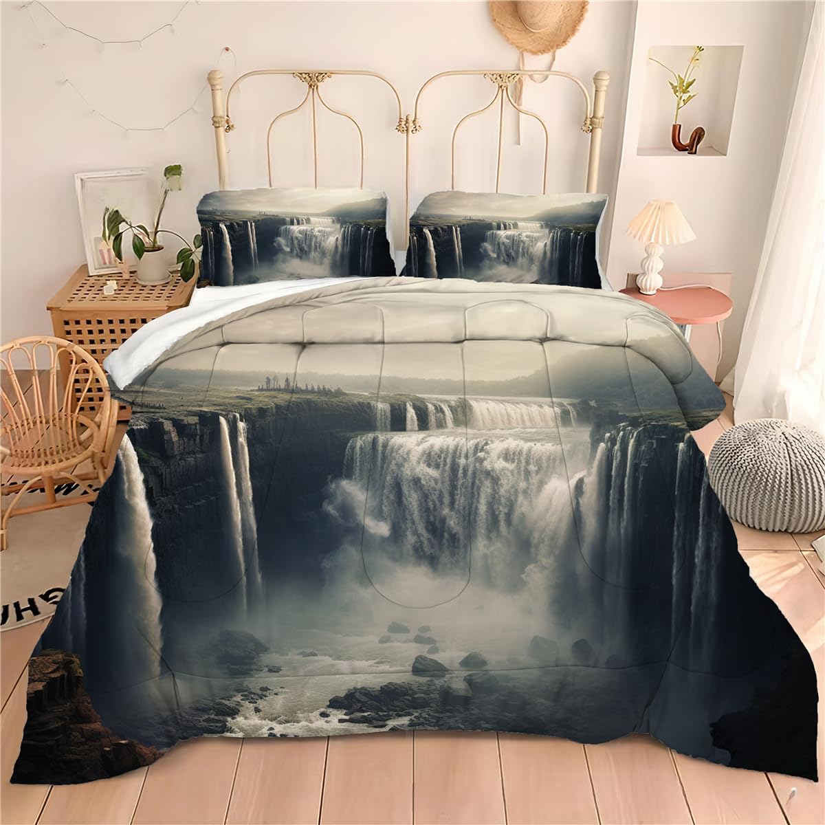 Motorax Big Powerful Niagara Waterfalls Flowing Fastly Dreamy Wild Space Photo, Decorative 3 Piece Bedding Set with 2 Pillow Shams, King Size