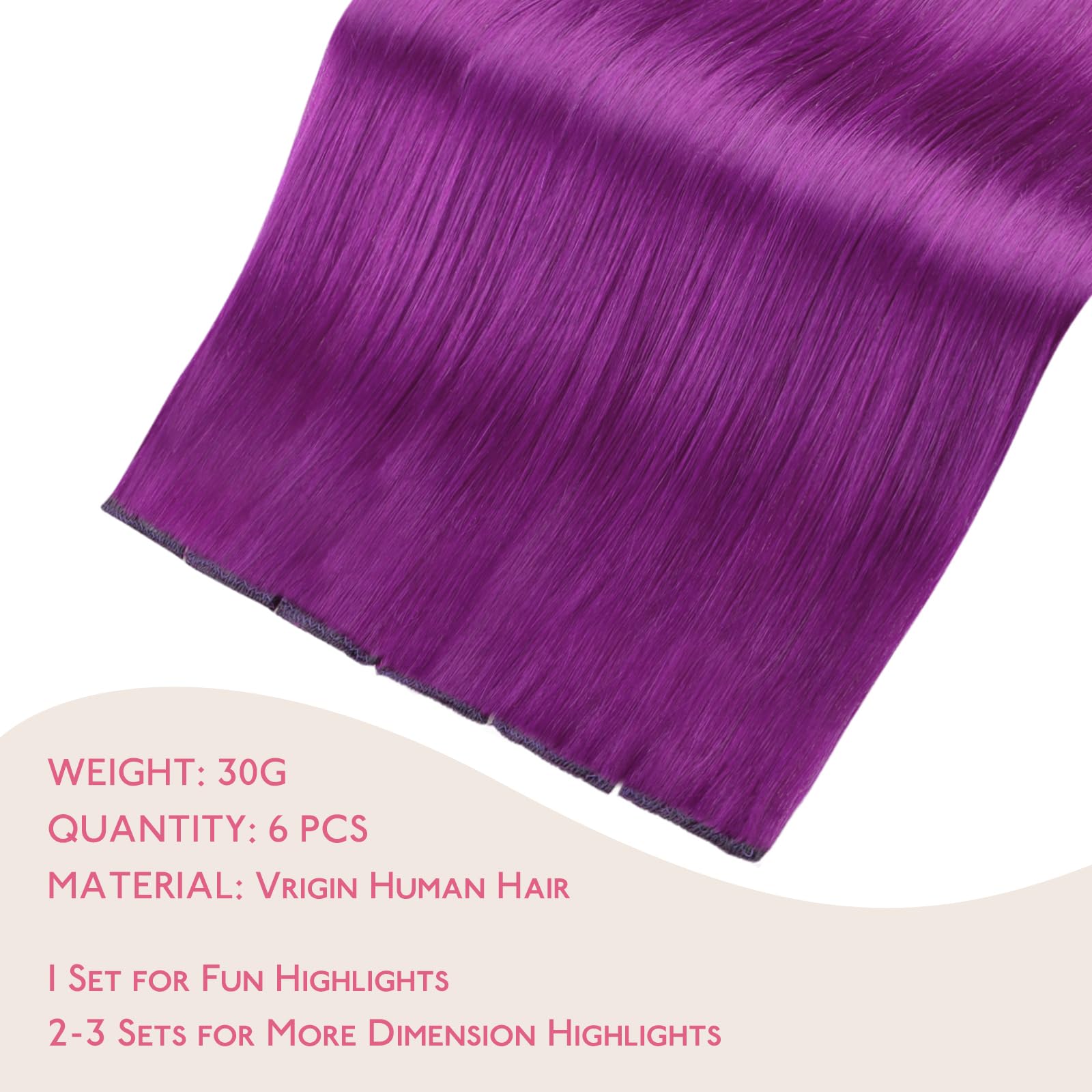 WENNALIFE Clip in Hair Extensions Real Human Hair, 24 Inch 120g 7pcs Dark Brown Human Hair Remy Clip in Hair Extensions Real Human Hair Double Weft: 20 Inch-35g-6pcs #Purple
