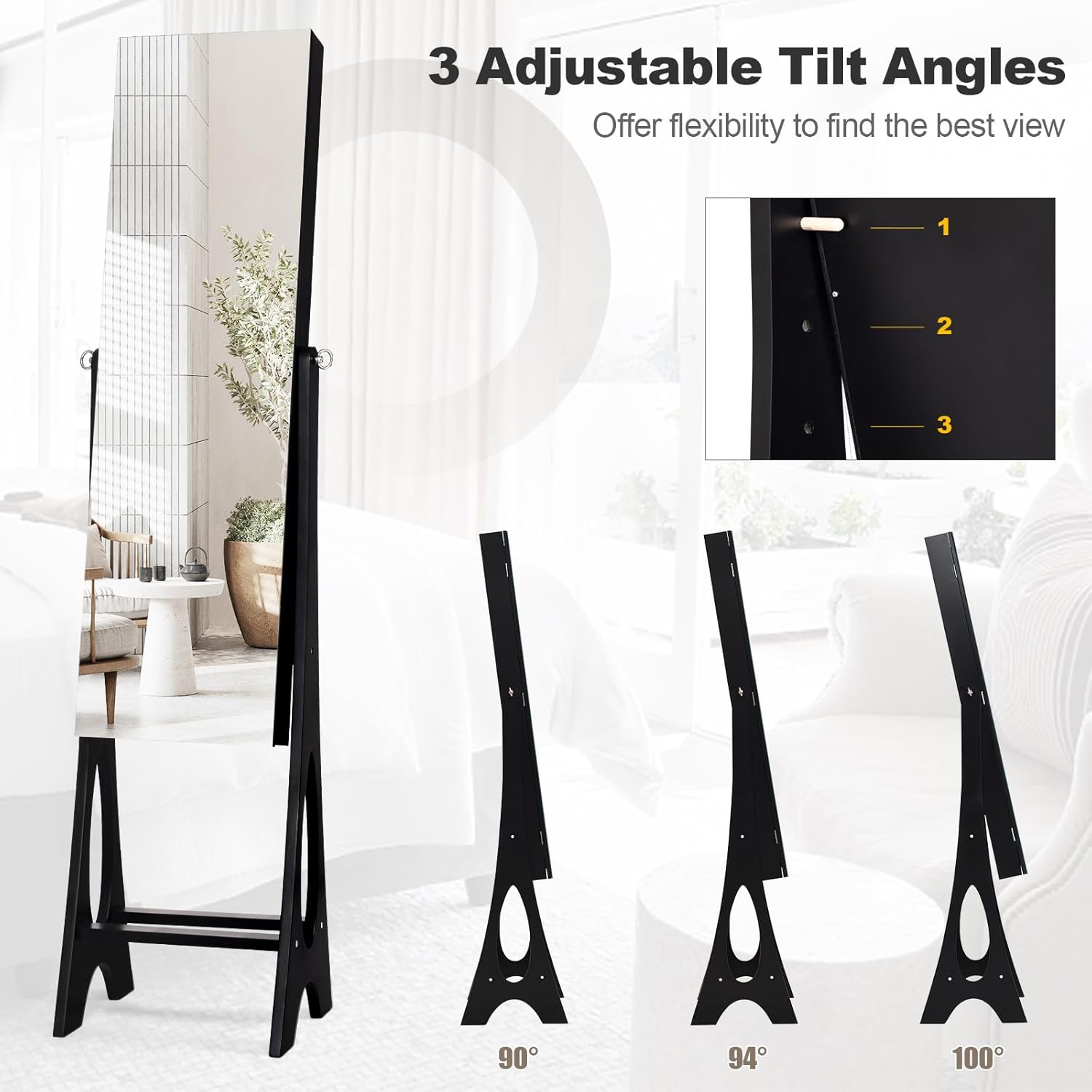 Giantex 12 LED Jewelry Armoire Cabinet with Frameless Full-length Mirror, Standing Jewelry Cabinet with 16 Lipstick Holders, Large Storage Capacity, 3 Angles Adjustable (Black)