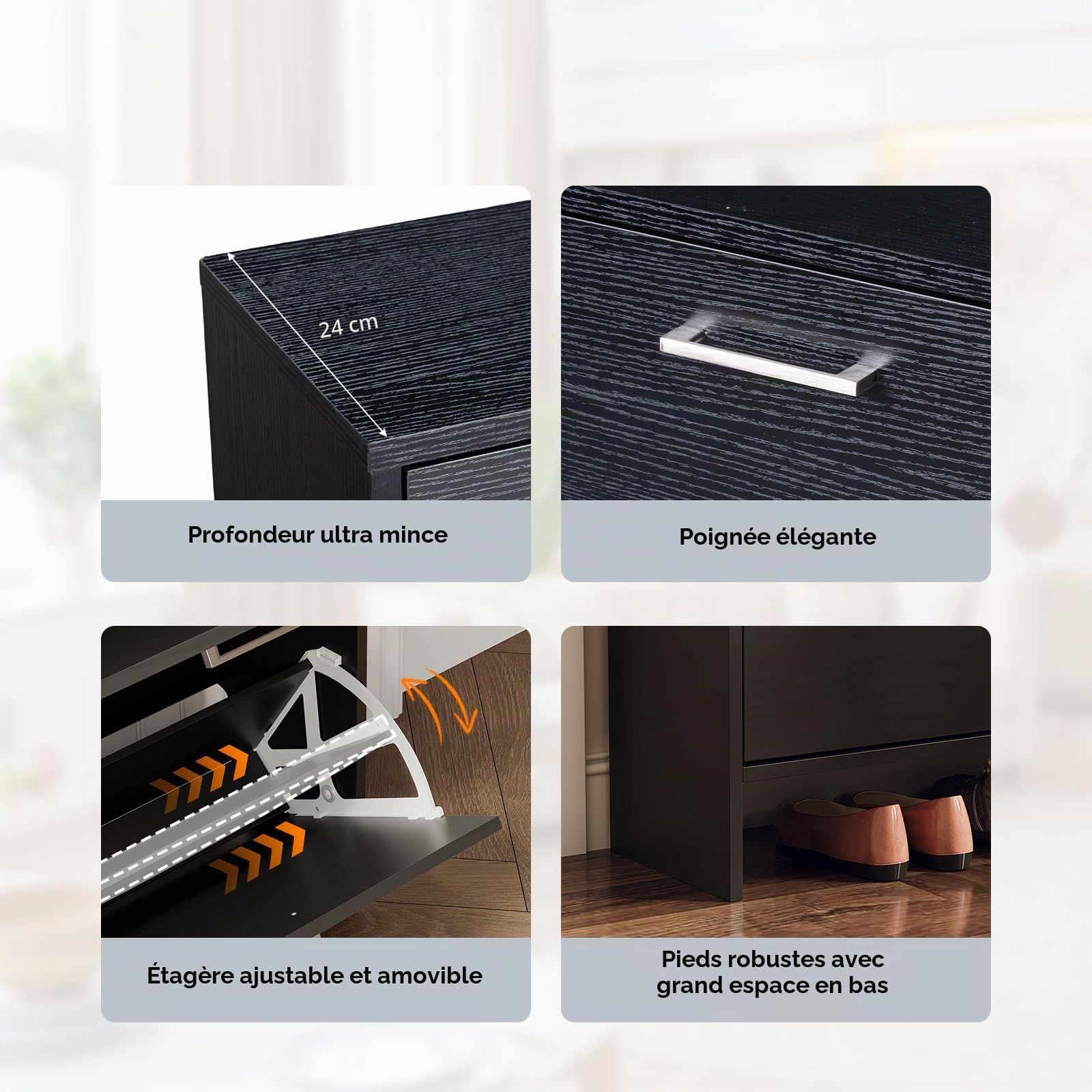 LEADZM Meuble à Chaussures 4 Portes Étroit, 106,5x24x90cm Noir