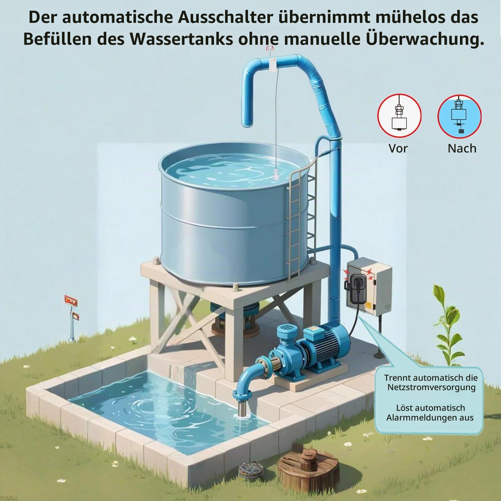 Automatischer Abschalt-Schutzschalter mit kabellosem Wasserstandssensor – Hoch-/Niedrigwasser-Abschaltung | 100 dB Alarm, 100 m Reichweite – für Wassertürme, Klärgruben, Landwirtschaft & Industrie
