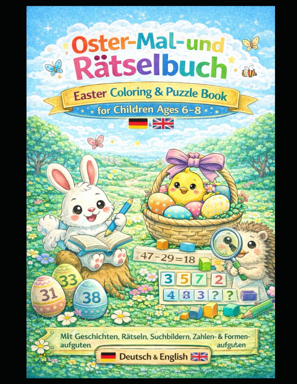 Oster-Mal- und Rätselbuch für Kinder von 6–8 Jahren: Mit Geschichten, Rätseln, Suchbildern, Zahlen- & Formenaufgaben – zweisprachig Deutsch & Englisch (Oster-Mal- & Rätselbuch-Reihe für Kinder)