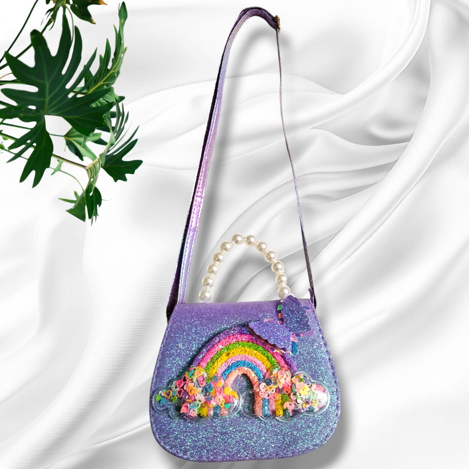 CARU CRAFT Sling Shoulder Bag Purse for Girls | Girl's Cartoon Stylish Hand Bag Glitter Sequins Bag | Birthday Return Gifts Printed Shiny Cross Body Purse (Pack of 1) (Pearl Purple) 1