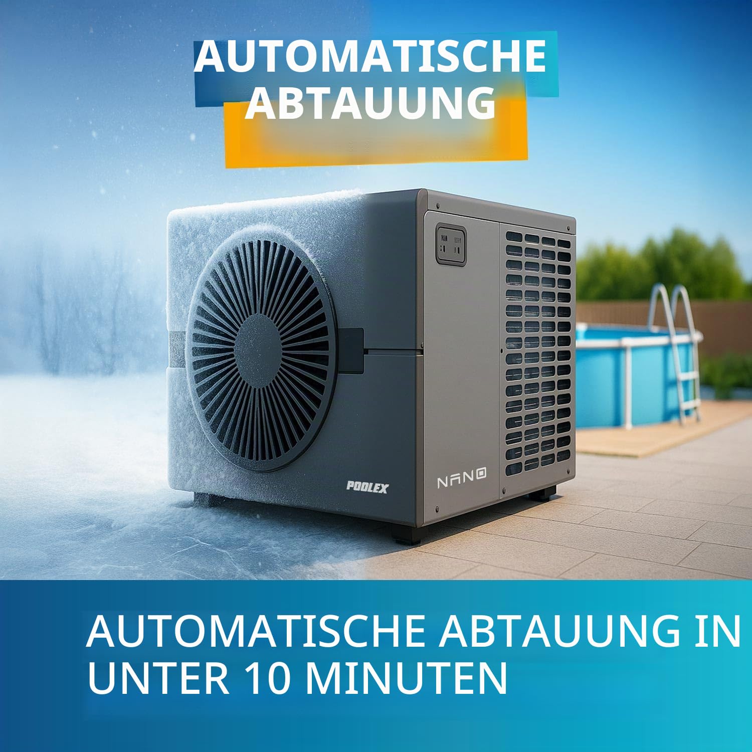 POOLEX – Nano 3 kW Wi-Fi-Wärmepumpe mit intelligenter automatischer Enteisung für kleine kompakte Pools: Aufstell-, teilversenkte, eingelassene oder Holzpools. Leise und reversibel.