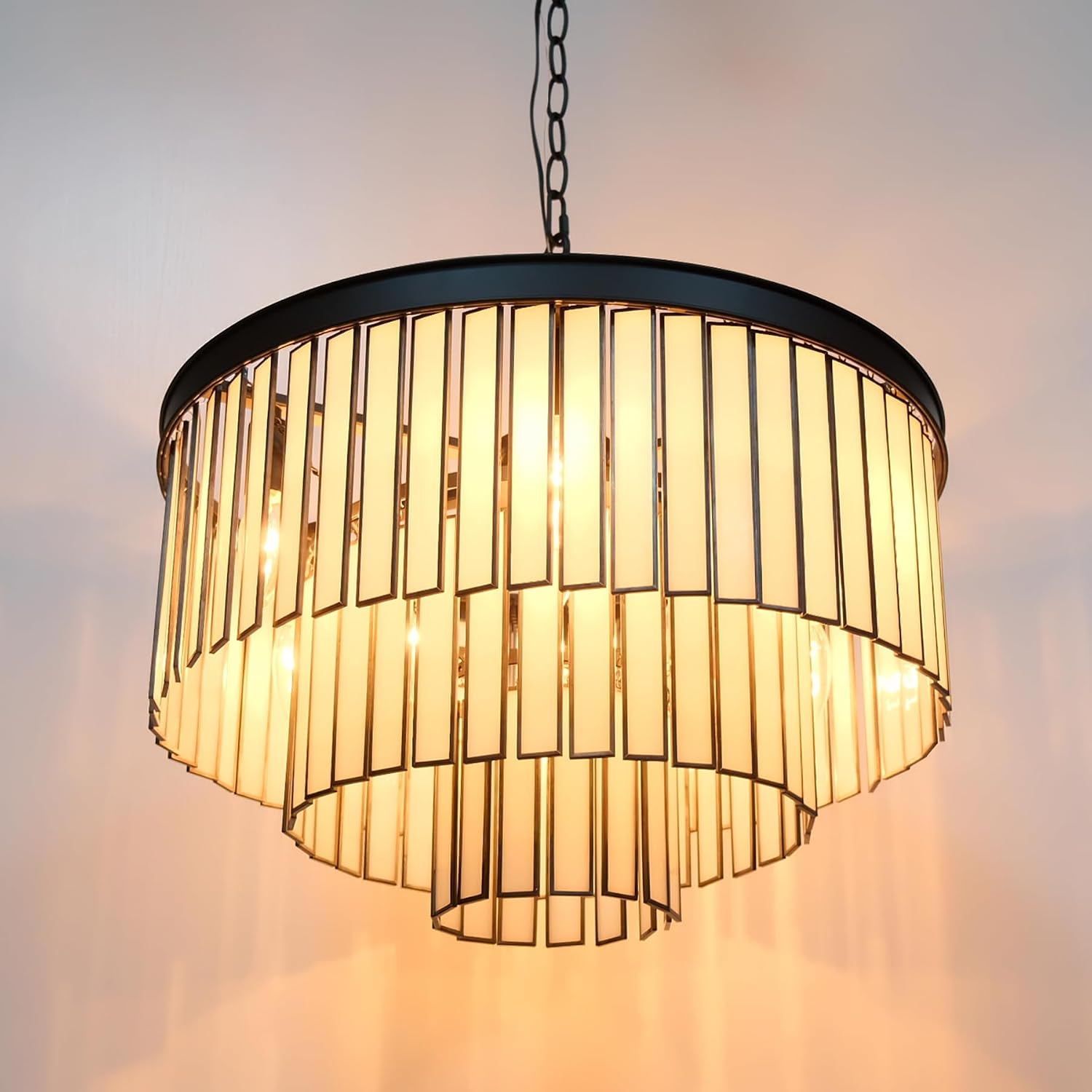 Tiffany Chandelier Hanging Cream White Glass Pieces, 9 Lights Black Modern Pendant Light for Dining Room, 3-Tier Round Crystal Lighting Fixtures for Living Room Entryway Kitchen Island D20 Inch