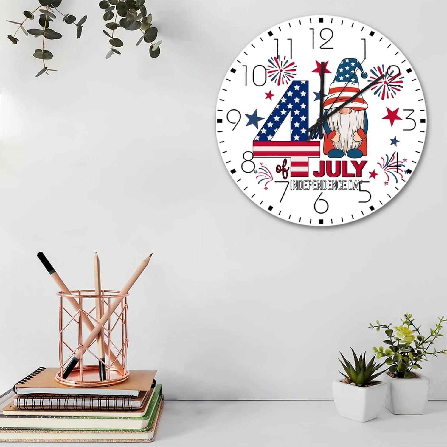 Silent Wall Clock Battery Operated Non Ticking 4th of July Gnomes Rustic Wall Clocks Independent Date Wooden Wall Decor for New Home Cafe Shop Cabin 15 Inch
