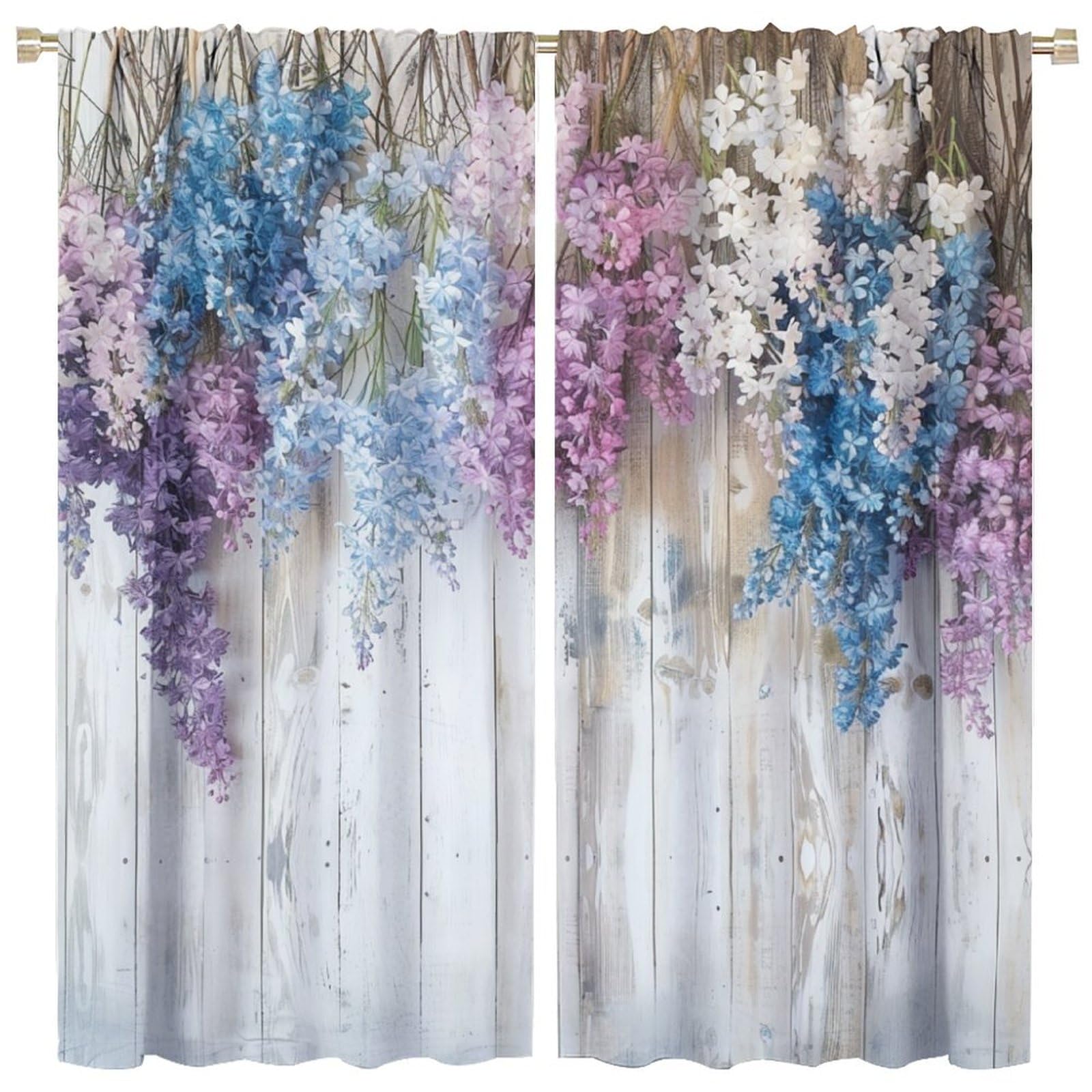 TOWINSFB Purple Floral Wisteria Blackout Curtains for Bedroom Living Room, Rustic Lilac Wooden Plank Curtains Rod Pocket Thermal Insulated Window