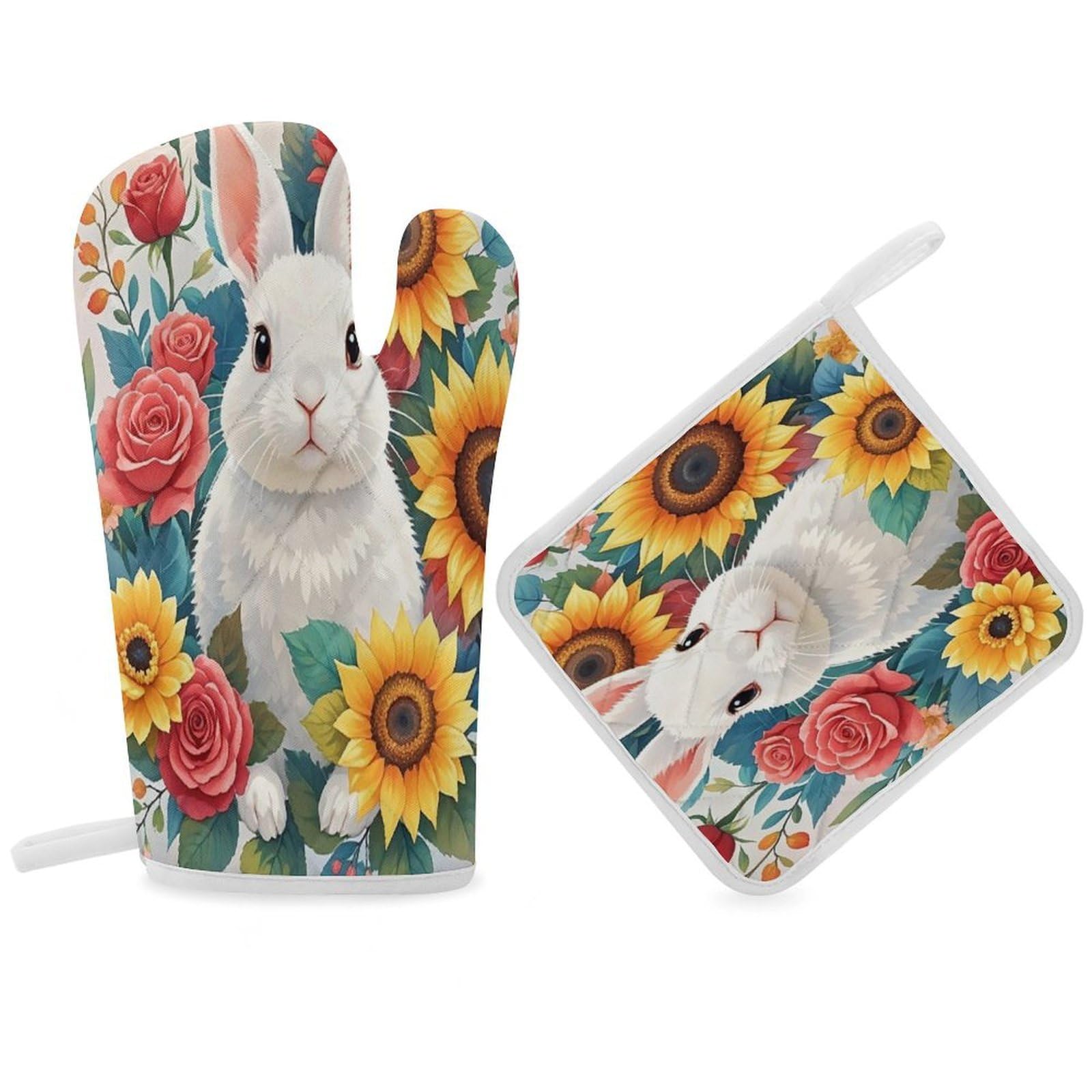 Watercolor Rabbit and Flowers Oven Mitt Gloves and Heat Insulation Pads Double-Layer Thickened Heat Insulation Mitt Temperature Oven Gloves for Cooking Baking Grilling