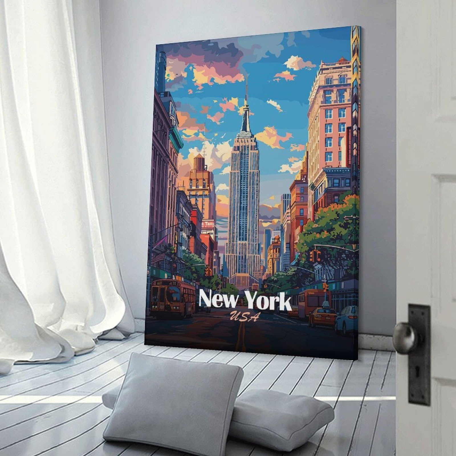 Junmoney New York Cityscape with Empire State Hanging Wall Art, 24x36inch(60x90cm), for Bedroom, Guest Room Or Reading Nook, Home Artwork with A Soft Interior Feel