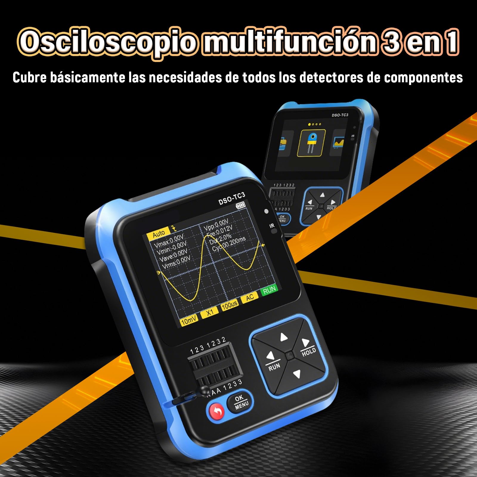DSO-TC3 Osciloscopio Portátil 3 en 1, Generador de Señales DDS y Comprobador de Transistores, Ancho de banda de 500kHz, 10MSa/s, Batería de 1500mAh, Probador Multifunción de Bolsillo (Modelo HC)