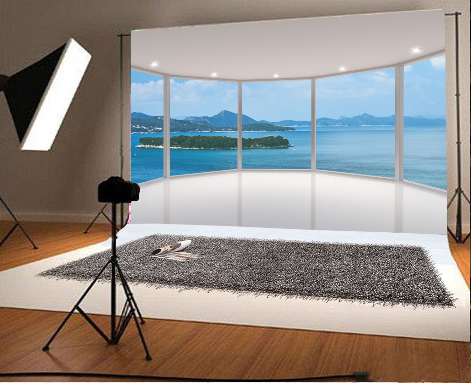 YongFoto 3x2m Sea View Room Backdrop Seaside mountain Island Ocean fondali per fotografia francese finestra Stage Lights interior vinyl photo sfondo sposa Lover estate vacanza viaggio studio puntelli