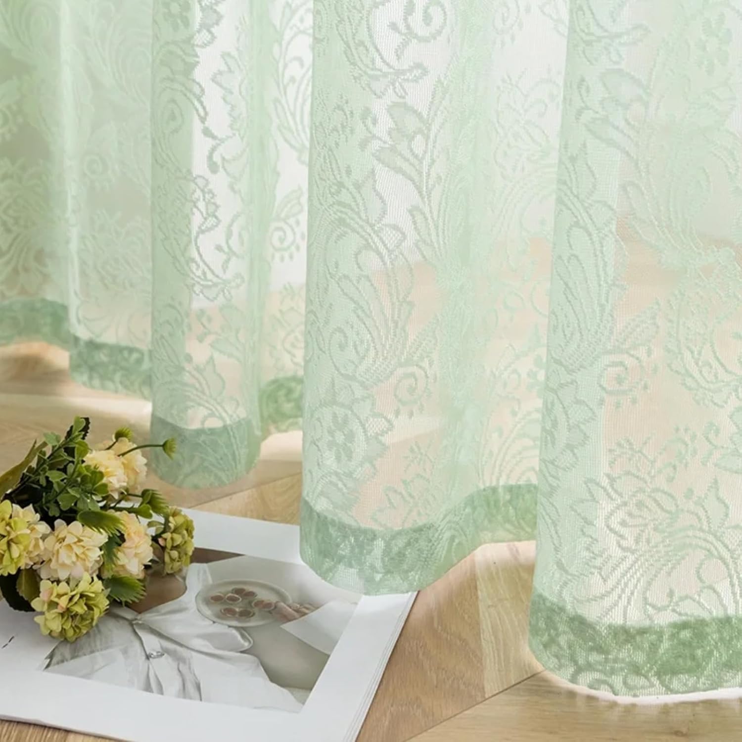 French Lace Sheer Rod Pocket Door Curtains 55" W x 72" L Green, 2 Panels, Light Filtering Privacy Room Darkening Window Curtain Panels for Kitchen Living Room Bedroom Closet Hallway Partition