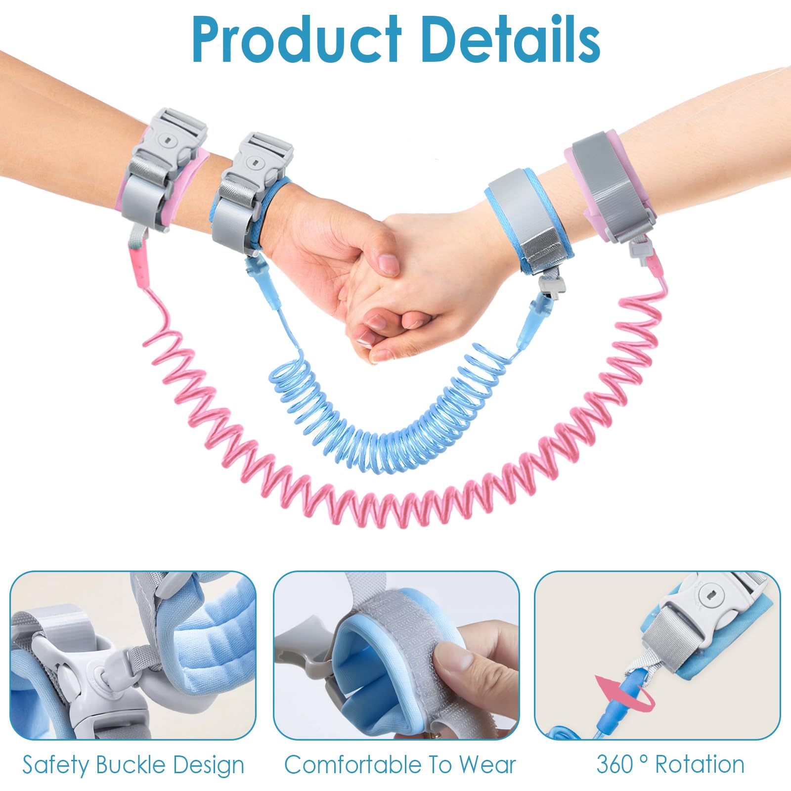 2 Pieces 2M Wrist Reins for Toddlers Anti Lost Wrist Bands Children,Wrist Straps for Children,360° Rotatable Elastic Wire Rop - Image 3