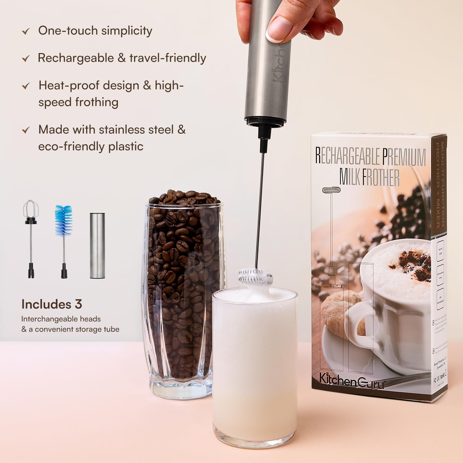 Espumador de leche recargable por USB, 3 batidores, motor de alta velocidad, perfecto para capuchino, latte, chocolate caliente, resistente al calor, materiales de grado alimenticio