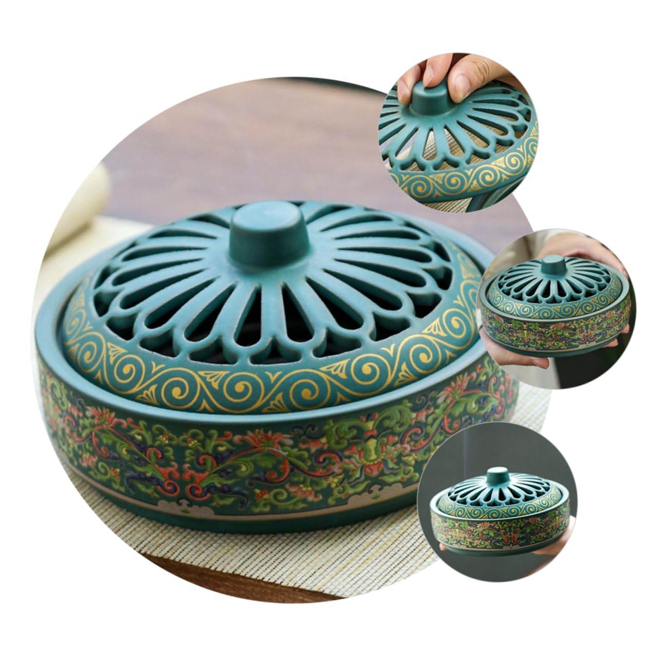 Keramik Räuchergefäß Grün mit Klassischem, Detailreichem Design