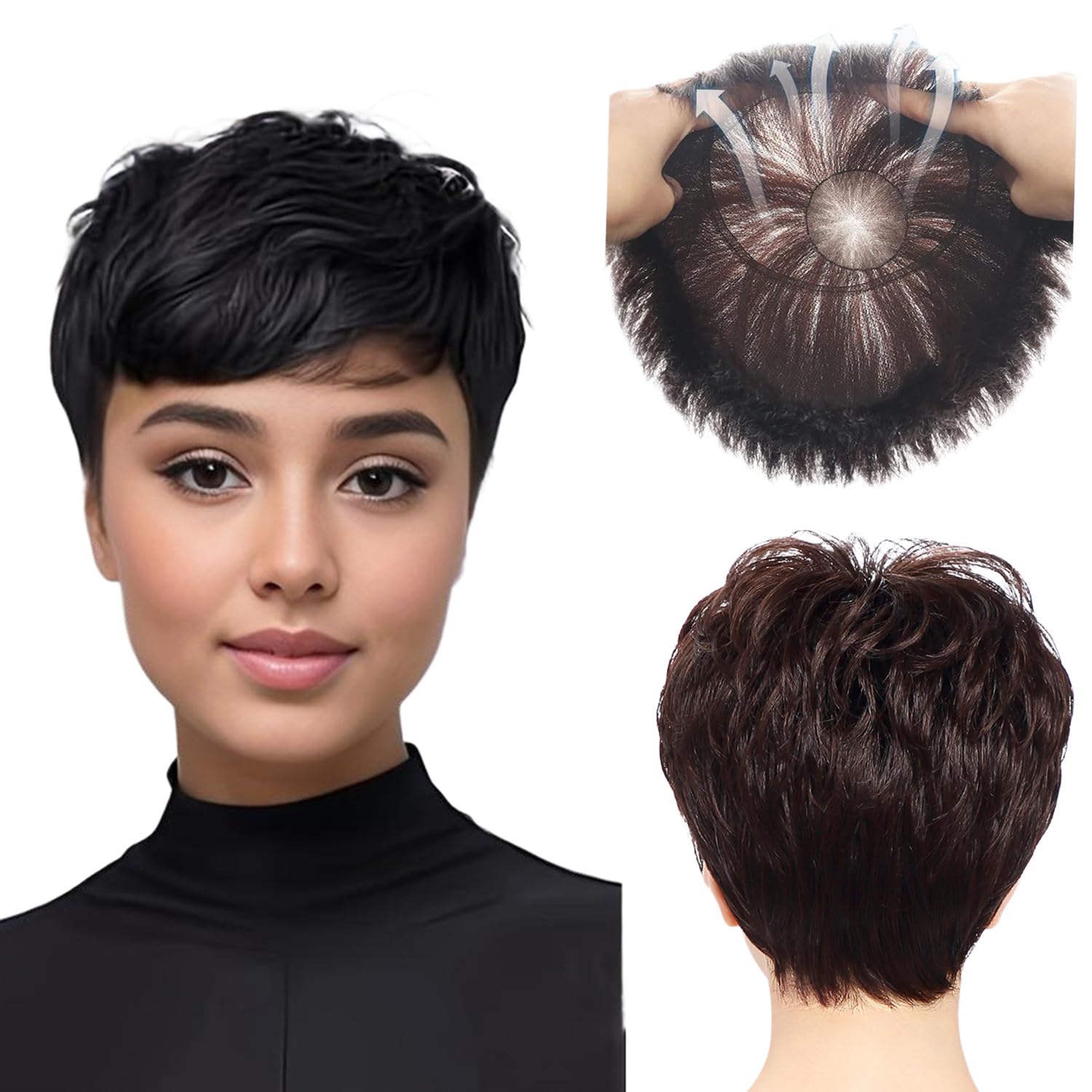 BESTOPPER Pixie Cut Wigs For black Women Human Hair Short Wig Full Hand-made Pixie Cut Wig 9A Brazilian Human Hair short Wig (Dark Brown, Curly/wavy)