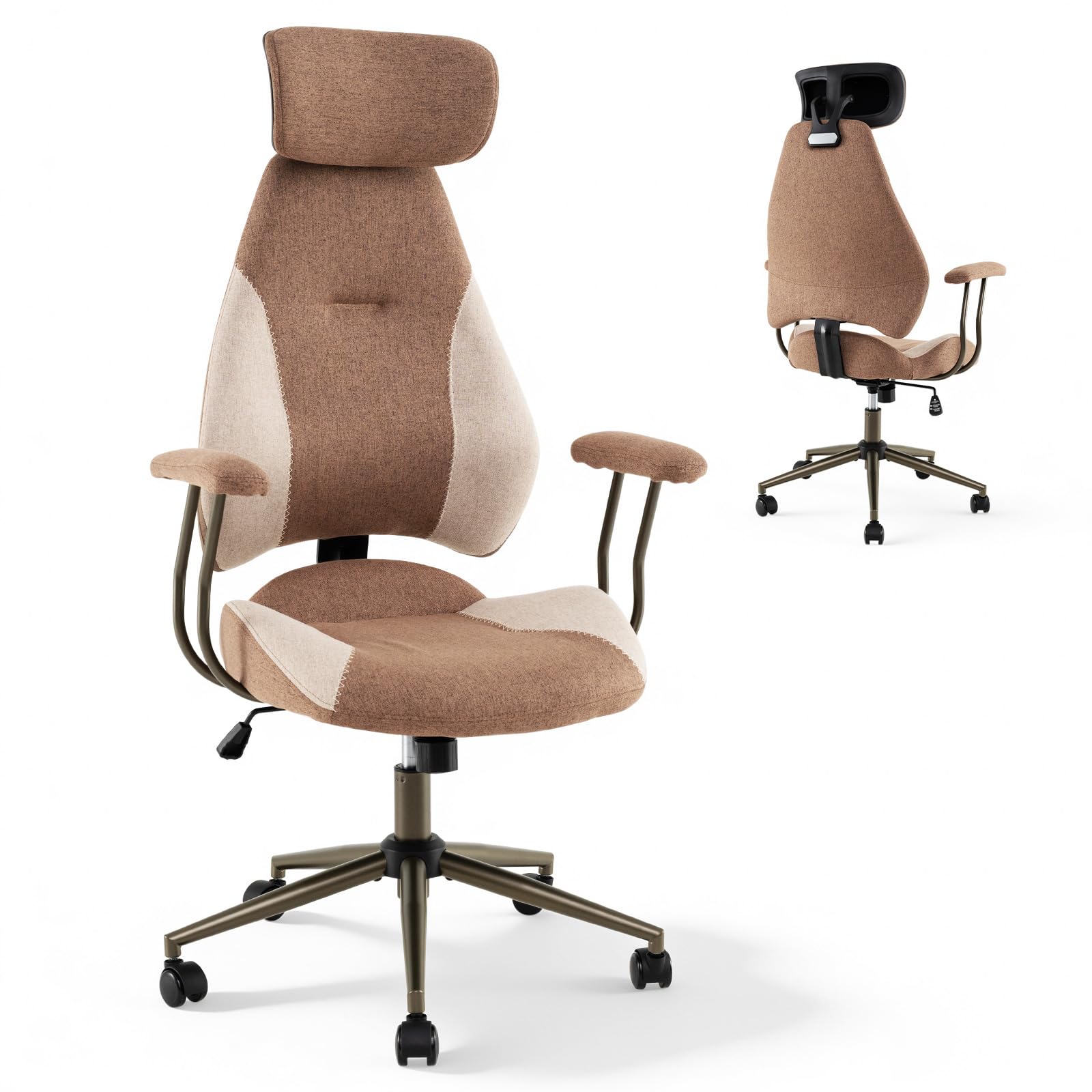 COSTWAY Ergonomic Office Chair, High Back Computer Desk Chair with 2D Headrest, Rocking Backrest and Wheels, Rolling Swivel Adjustable Gaming Chairs for Home Office (Light Brown + Beige)