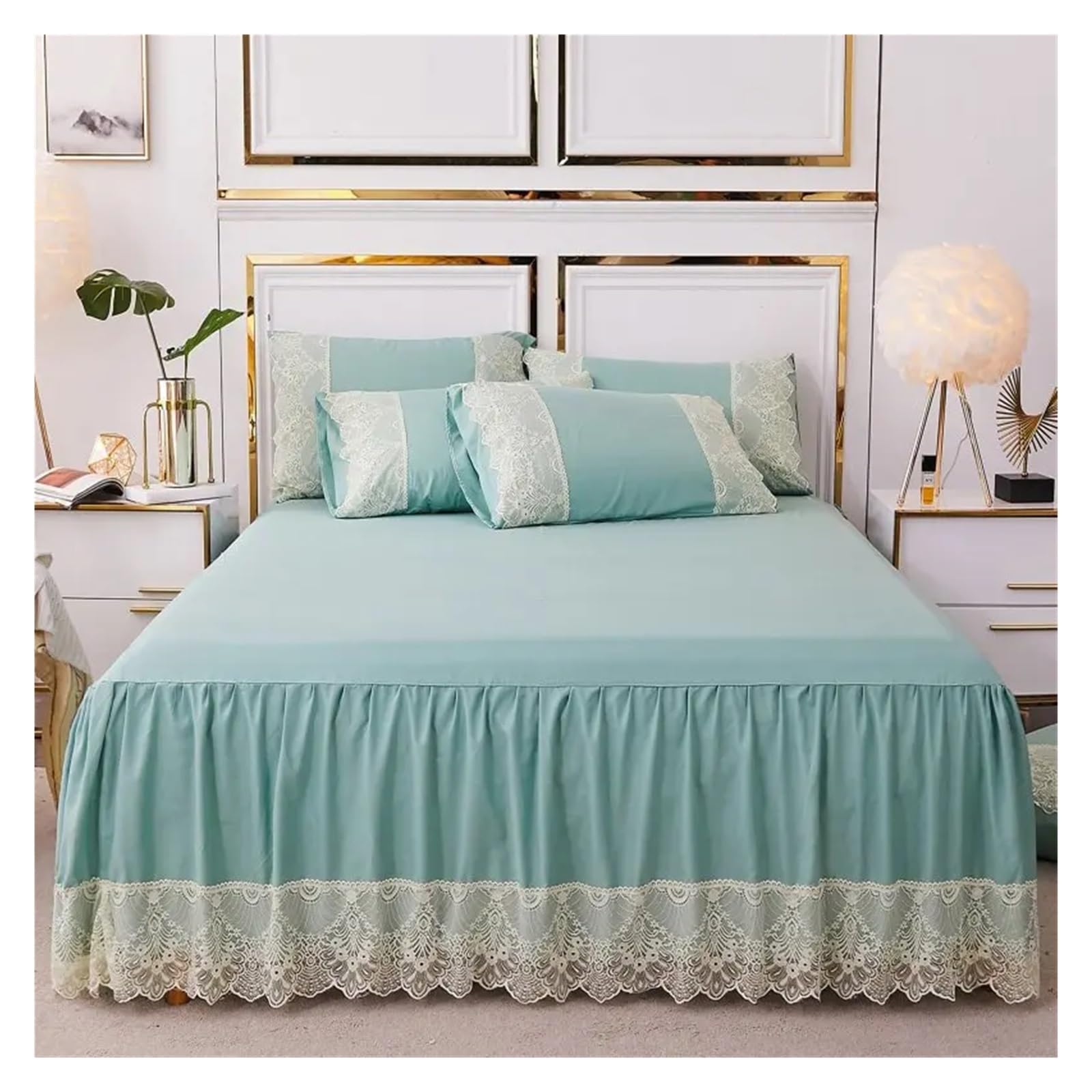 Washed Lace Bed Skirt With Pillowcases Bedding Bedspreads Sheet Solid Color Lace Bedding Set(04,150x200cm 3pcs)