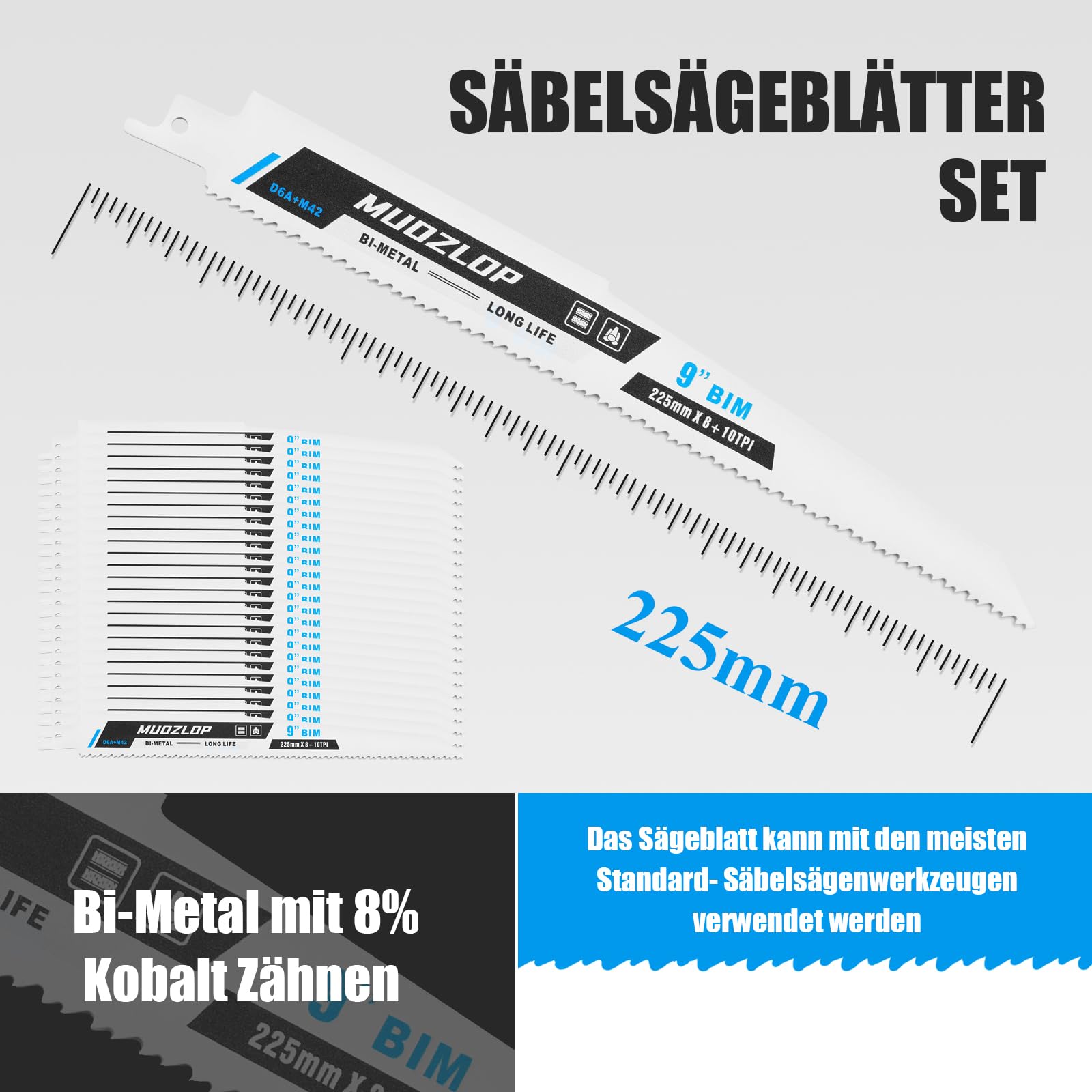 Set di 25 lame per sega a gattuccio, 225 mm, 8+10 TPI, per metallo | Lame per sega a gattuccio, offre un taglio preciso, liscio e dritto (25, 8+10TPI 225 mm)