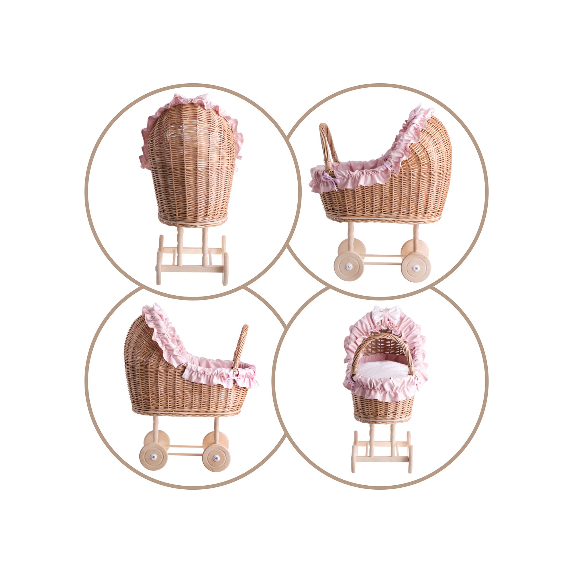 Passeggino Per Bambole In Vimini Artigianale Con Ruote In Legno E Biancheria Rosa - Regalo Perfetto Per Bambine
