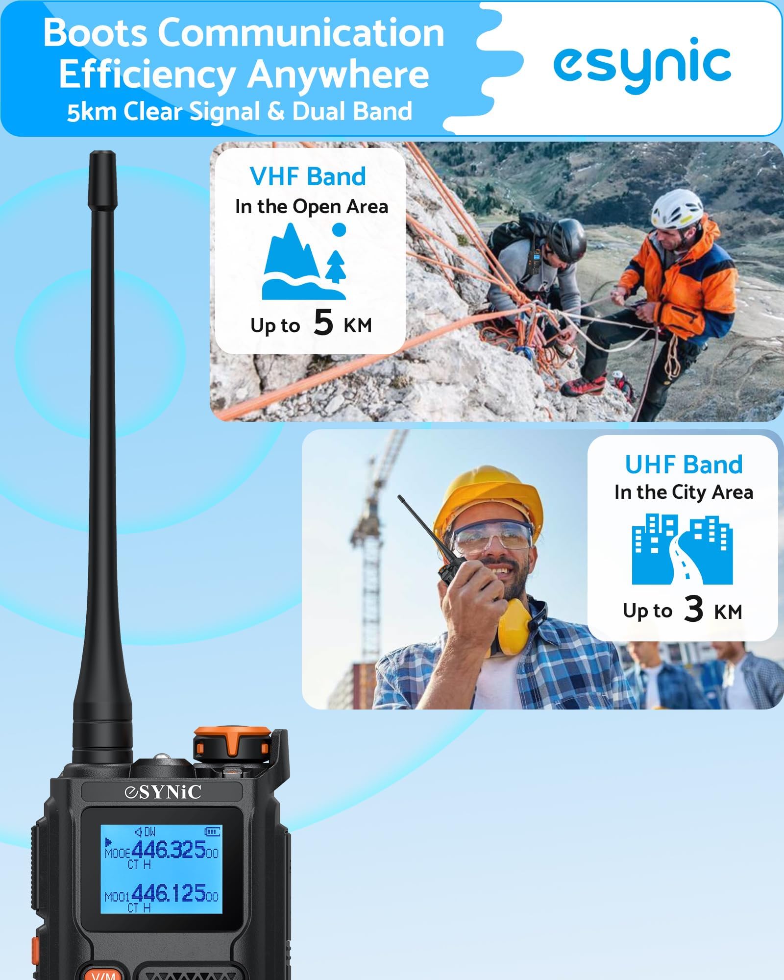 eSynic 2PCS Walkie Talkie Profesional, Walkie UV5R Pro de Largo Alcance 5km con VOX, 999 Canales VHF & UHF Banda, Carga USB C Compatible con Pantalla LCD DTMF FM de Doble Banda