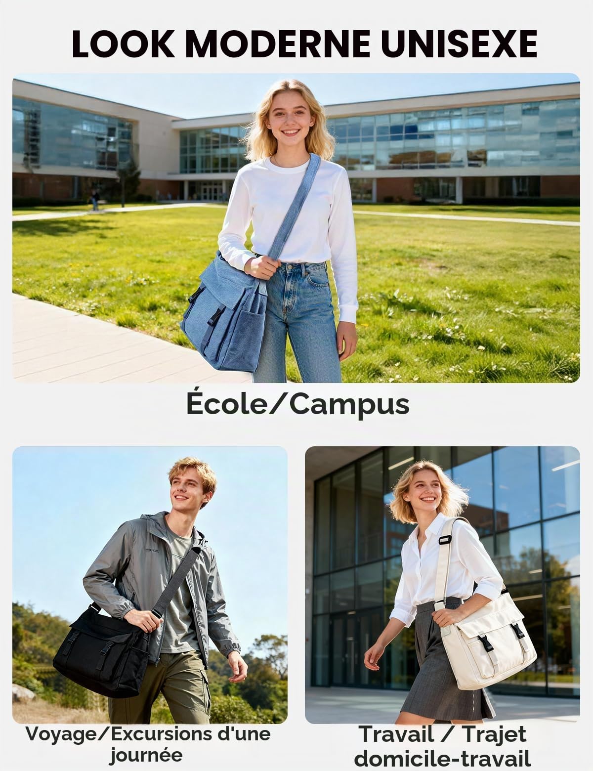 VASCHY Sac Bandoulière Femme, Grande Léger Poches Multiples Sacoche Messager en Toile Adolescent Sac à Main Besace pour Travail École Voyage Loisir