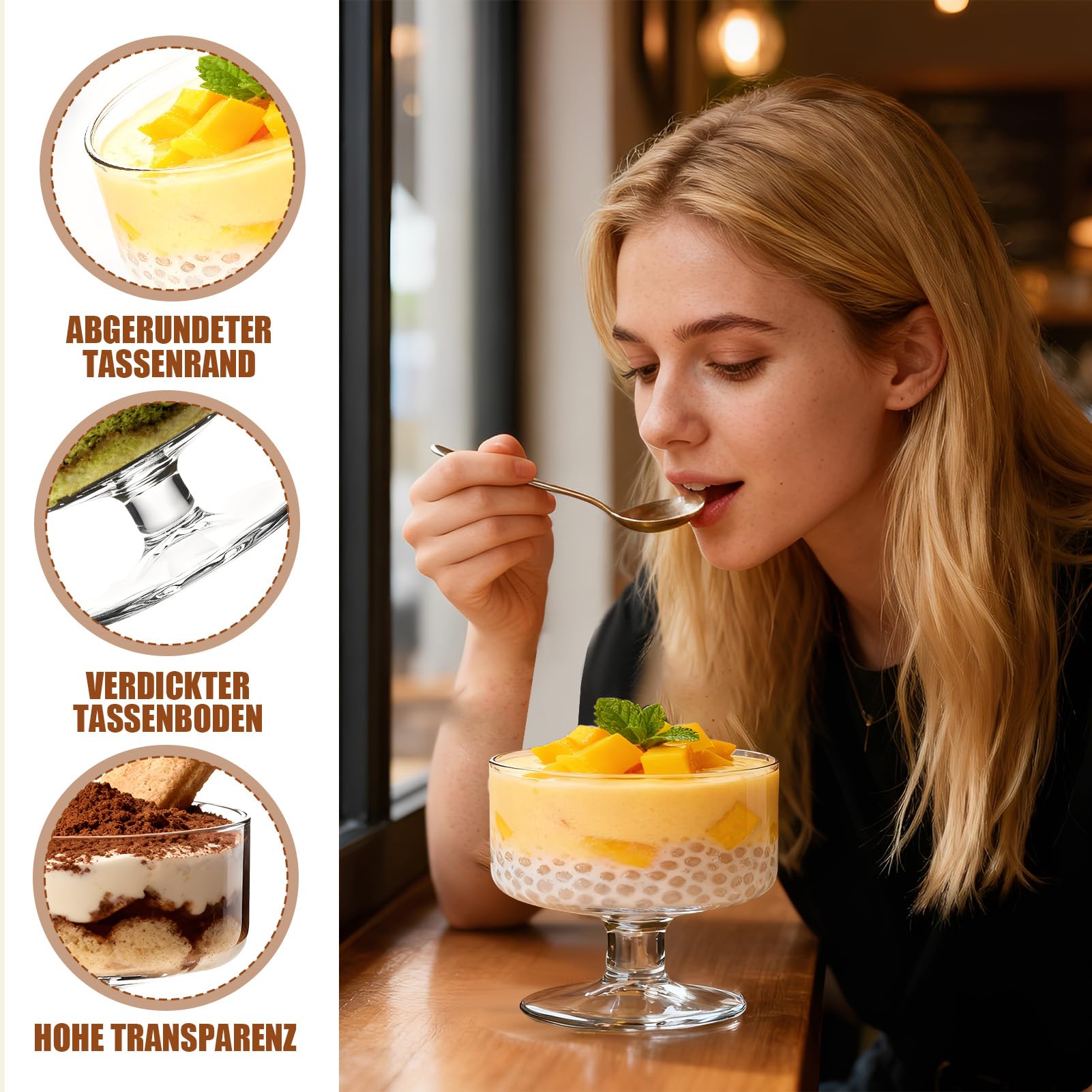 6 Stück 180ml Glas Eis Sundae Tassen, klare Dessertschalen für Pudding, Garnelen Cocktail, Vorspeisen & Milchshakes