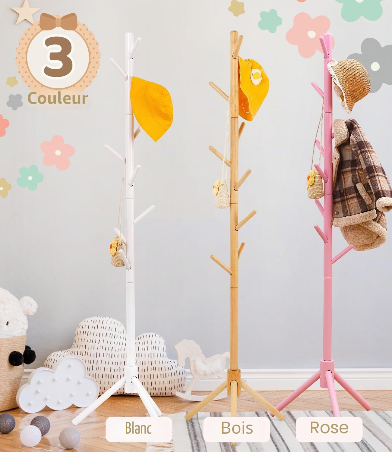 Porte-manteau en bois de hêtre pour enfants – Support à hauteur réglable avec 9 crochets, organiseur de vêtements pour enfants autonome pour couloir, chambre à coucher, assemblage facile