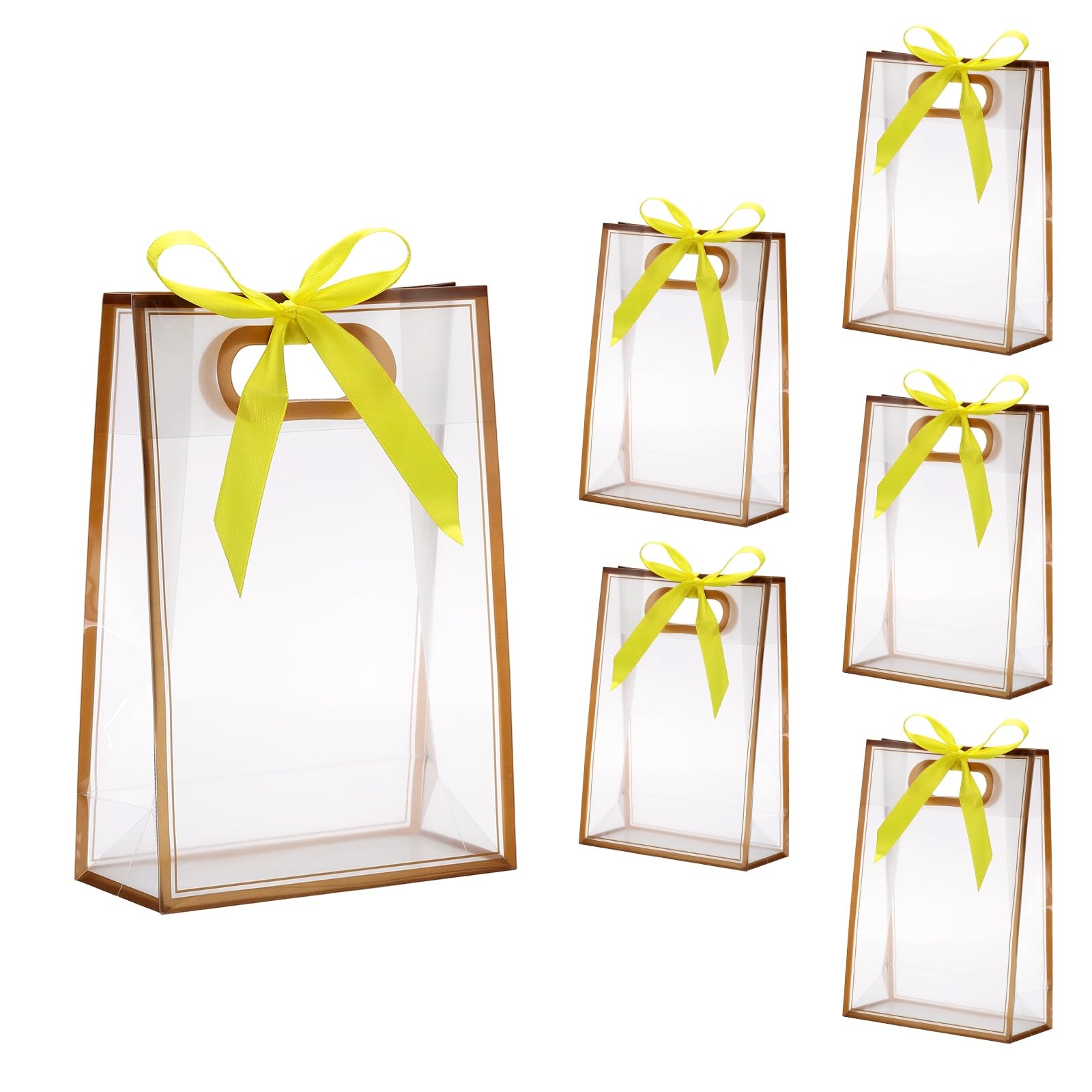 sourcing map 6Pcs Clear Plastic Gift Bags with Handle, 24 x 10 x 35cm(L x W x H) PP Plastic Reusable Gift Bag with Ribbon for Bridal, Wedding, Birthday Party (Gold, Yellow Ribbon)