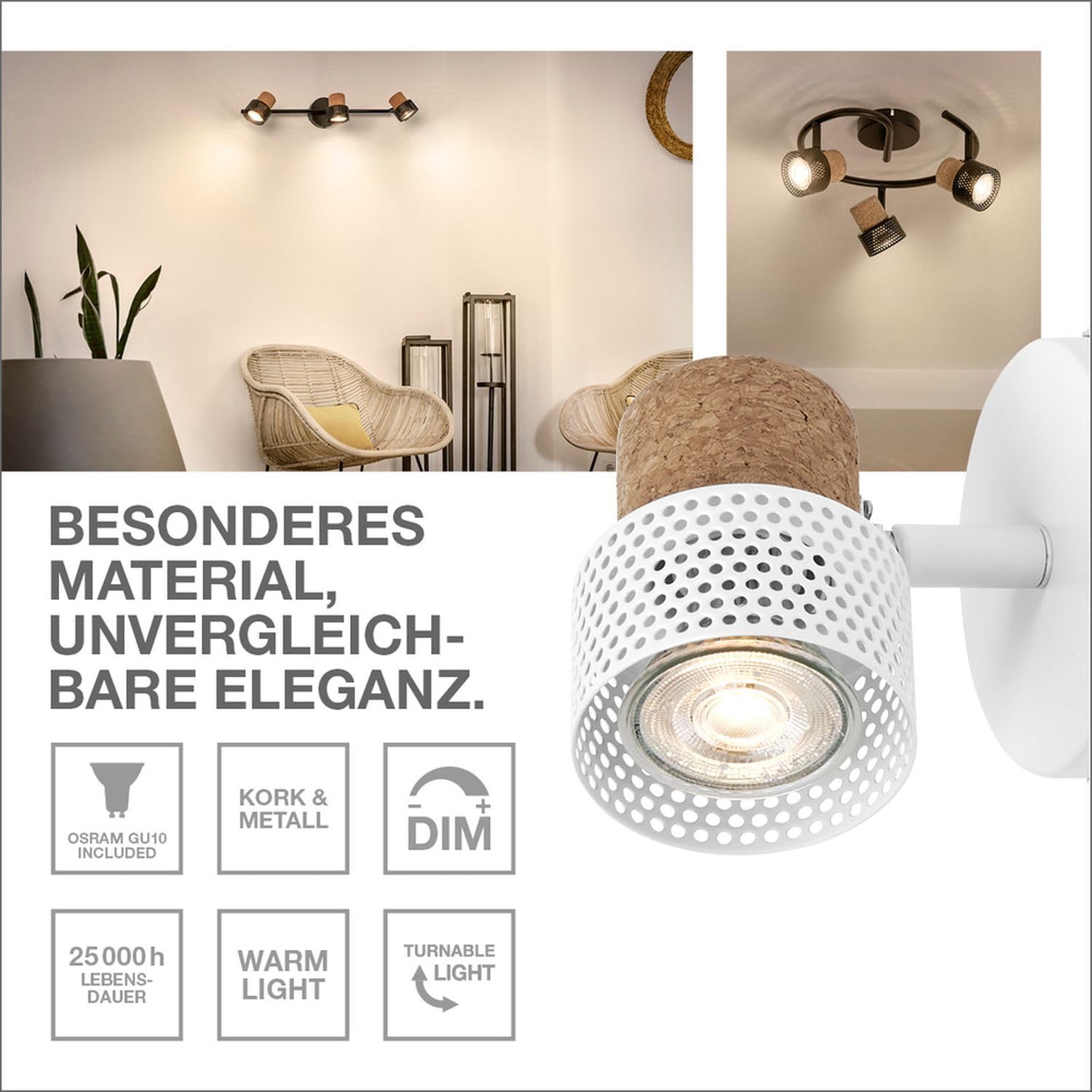 Osram DECOR SPOT CORK 3 x 3,4 W, 690 lm, negro, focos ajustables, cabezales ajustables, multiusos, foco interior, bombillas LED intercambiables, intensidad regulable, luz blanca cálida, GU10