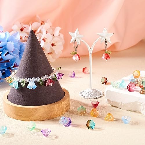 Vista 165 de FASHEWELRY 10 cuentas de cristal hechas a mano, cuentas florales de cristal, cuentas espaciadoras de flores de trompeta transparentes, cuentas