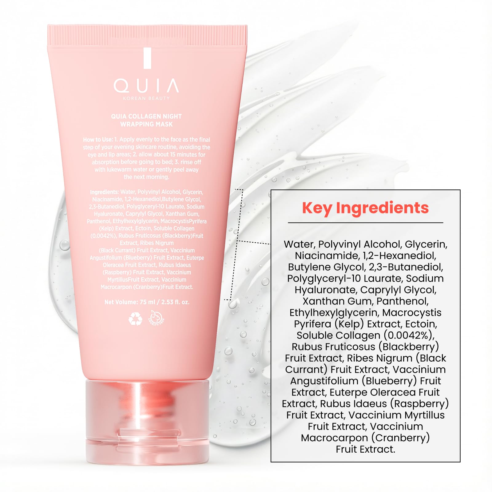 QUIA Collagen Overnight Wrapping Mask with Hydrolyzed Collagen, 75ml