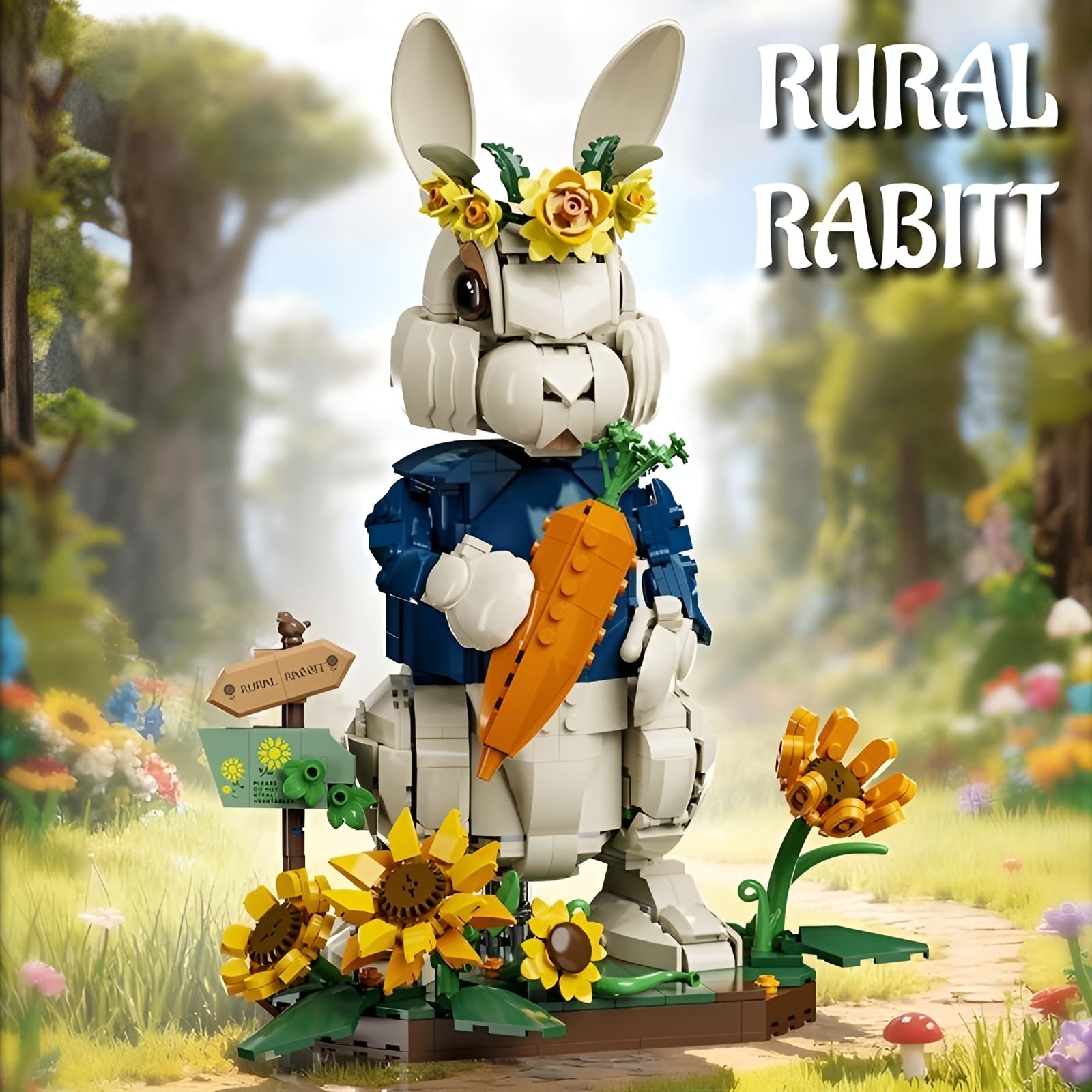 Bloques de construcción de conejos rurales, 1252 piezas de flores de Pascua, conejo, bloques de sujeción, modelo de animal móvil con base extraíble, decoración para la oficina en casa, regalo de