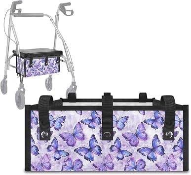 Purple Butterfly Hand-Free Carry Storage Bag for Universal Walkers Folding Walker Accessories Bag Mobility Aid Accessory Pouch for Elderly, Senior