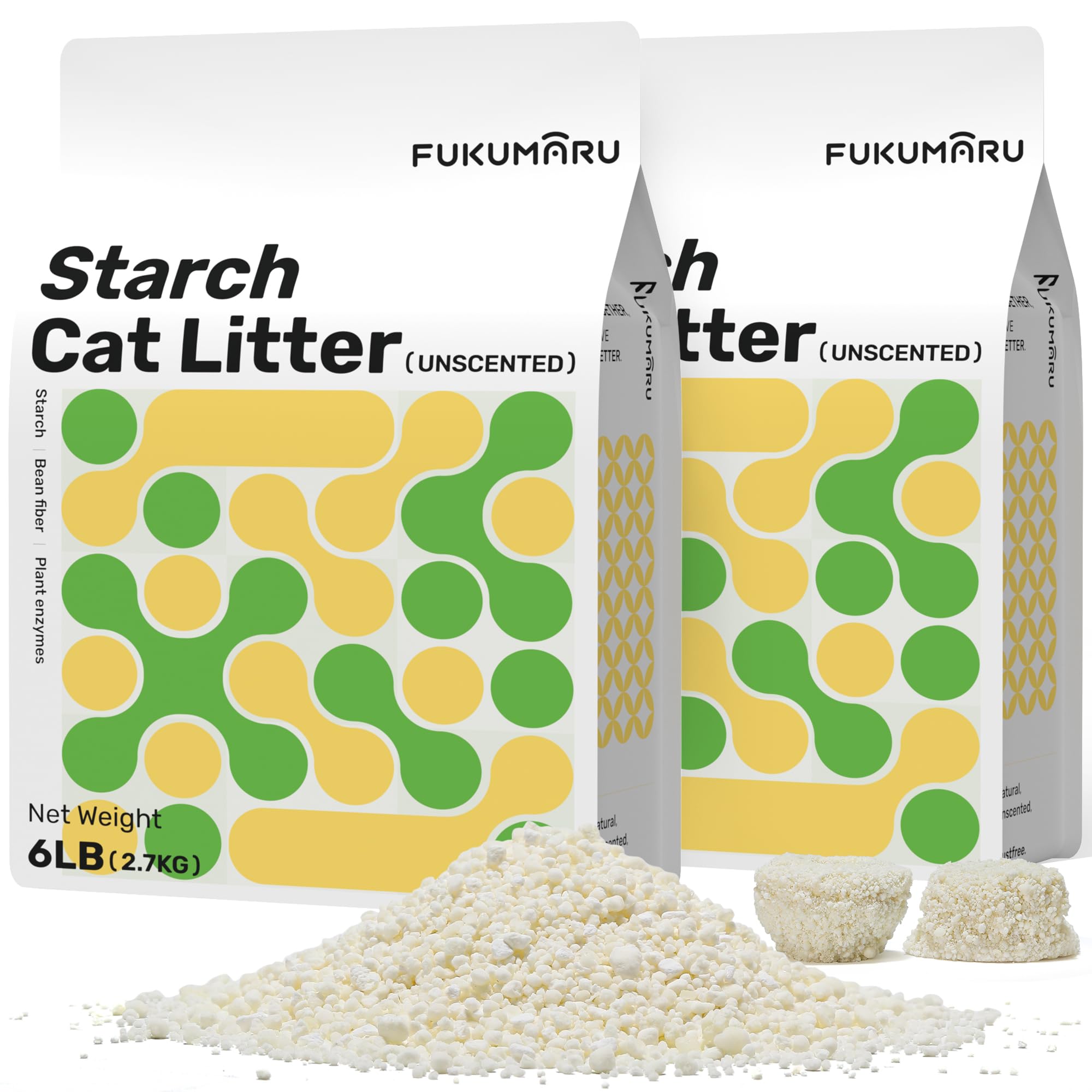 FUKUMARU Cassava Cat Litter, Strong Clumping Cat Litter Bulk, Plant-Based Natural Ingredients, Non-Stick Base, Low Dust, 24/7 Odor Control, Unscented, 6lb x 2bags