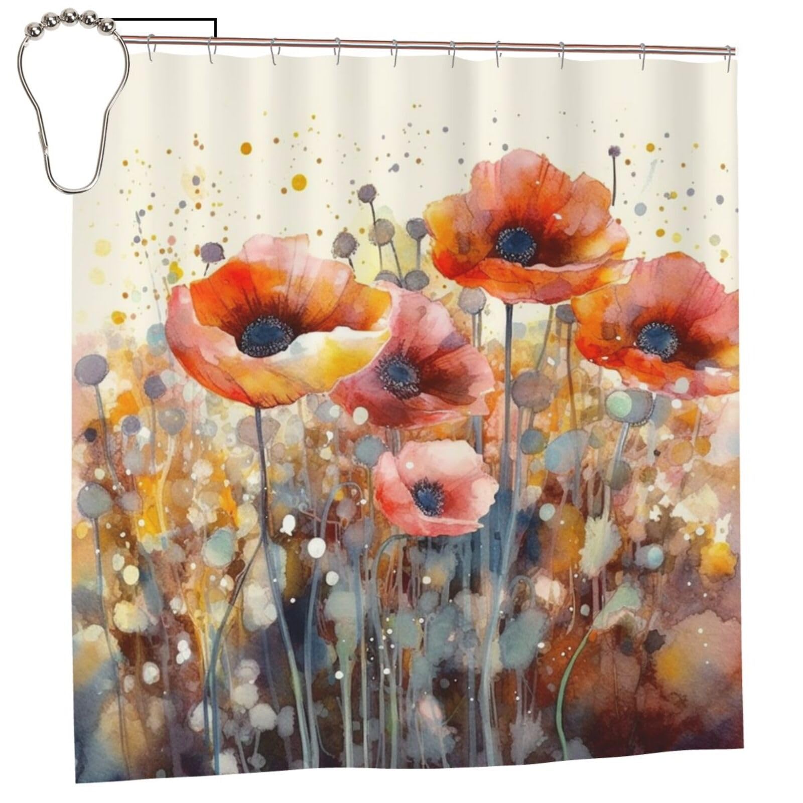 FodPand Watercolor Red Flowers Shower Curtain 70"x70" Waterproof Long Bathroom Curtain Heavy Duty Thick Cloth Bath Curtain Set with Hooks, Modern Abstract Art Pattern Bathroom Shower Curtains